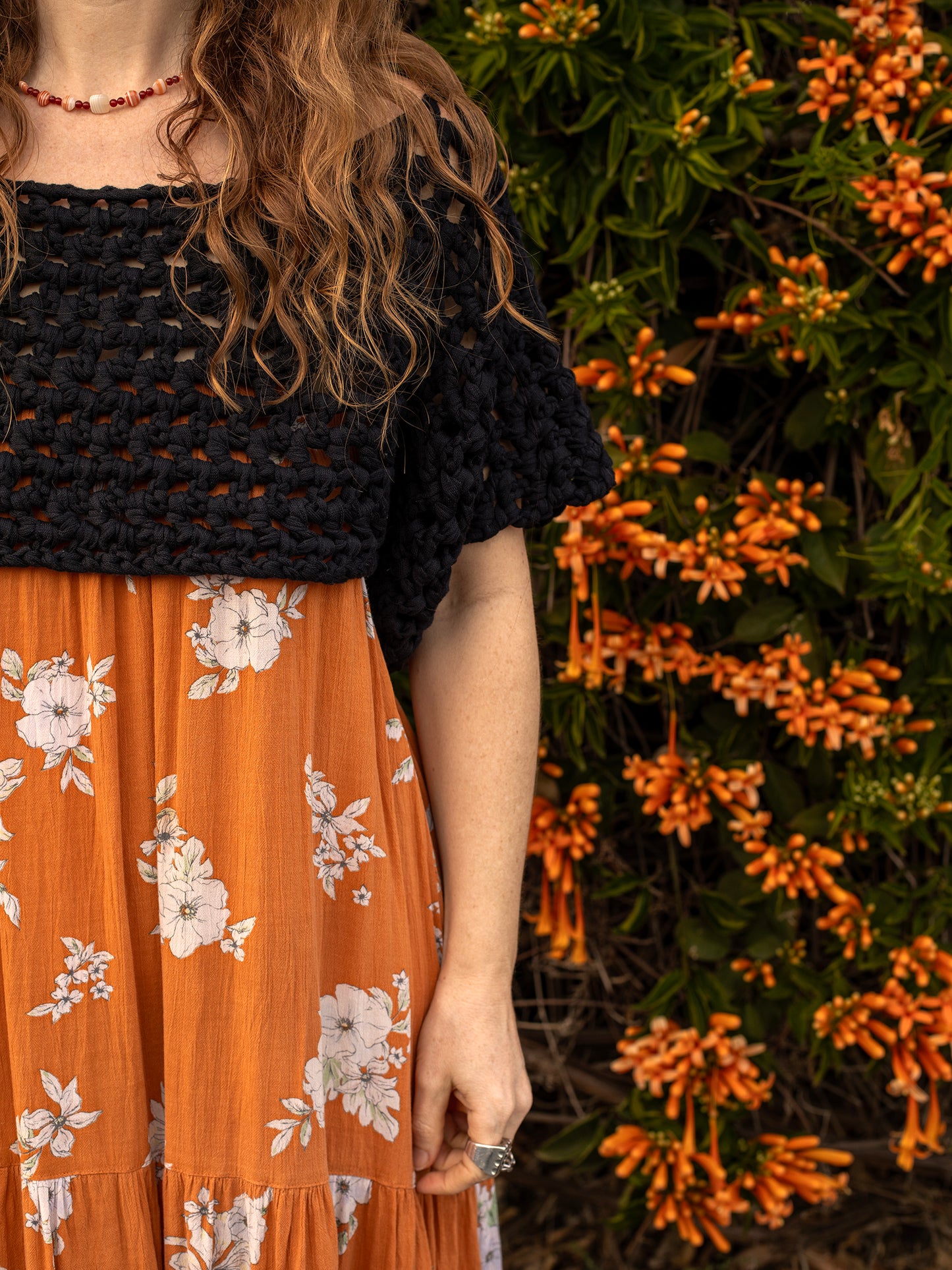 Black Organic Cotton Crochet Crop Top, XS-XL, hand-knit with organic cotton ribbon yarn, one-of-a-kind, designed in California, & made in USA.