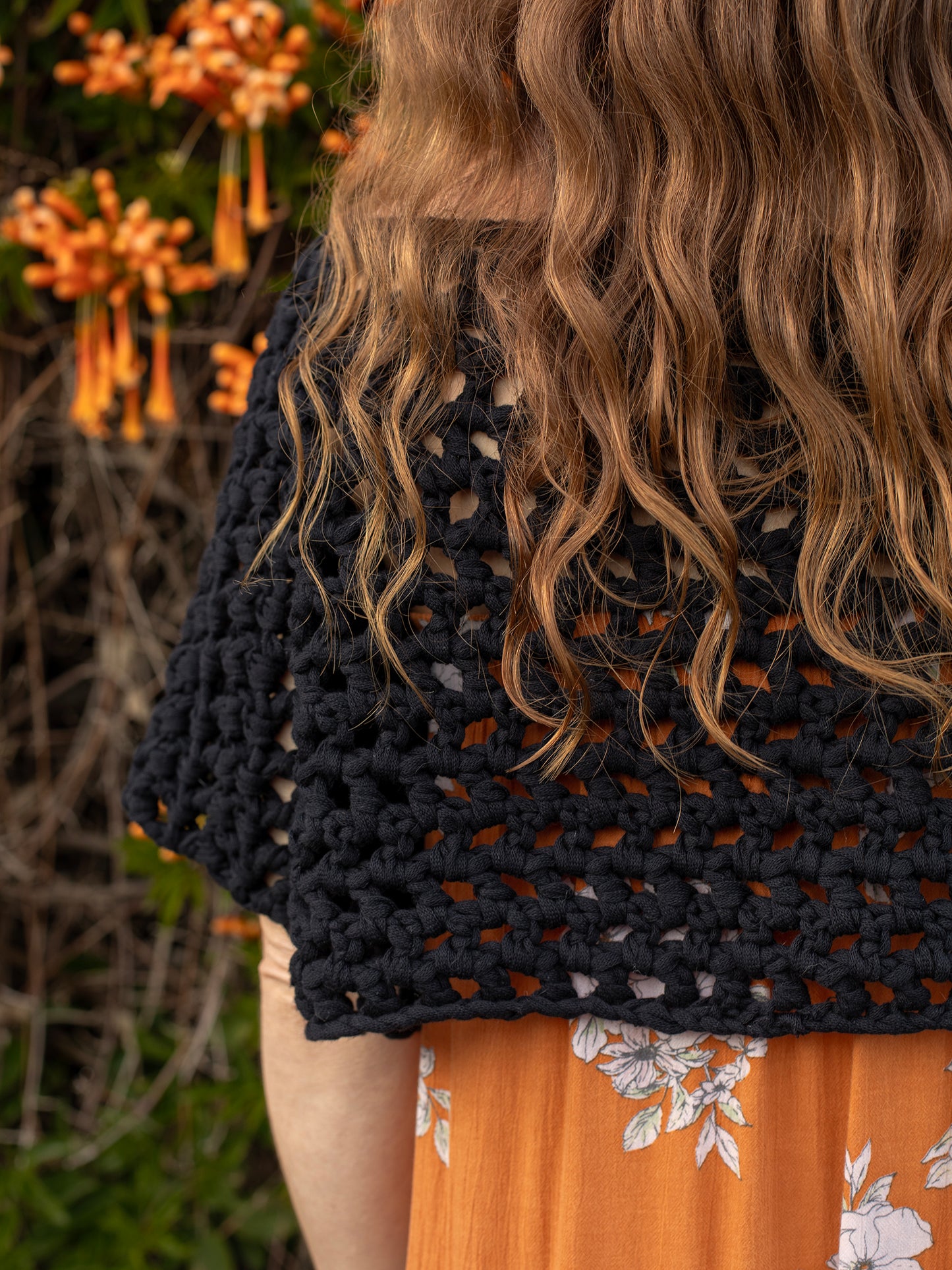Black Organic Cotton Crochet Crop Top, XS-XL, hand-knit with organic cotton ribbon yarn, one-of-a-kind, designed in California, & made in USA.