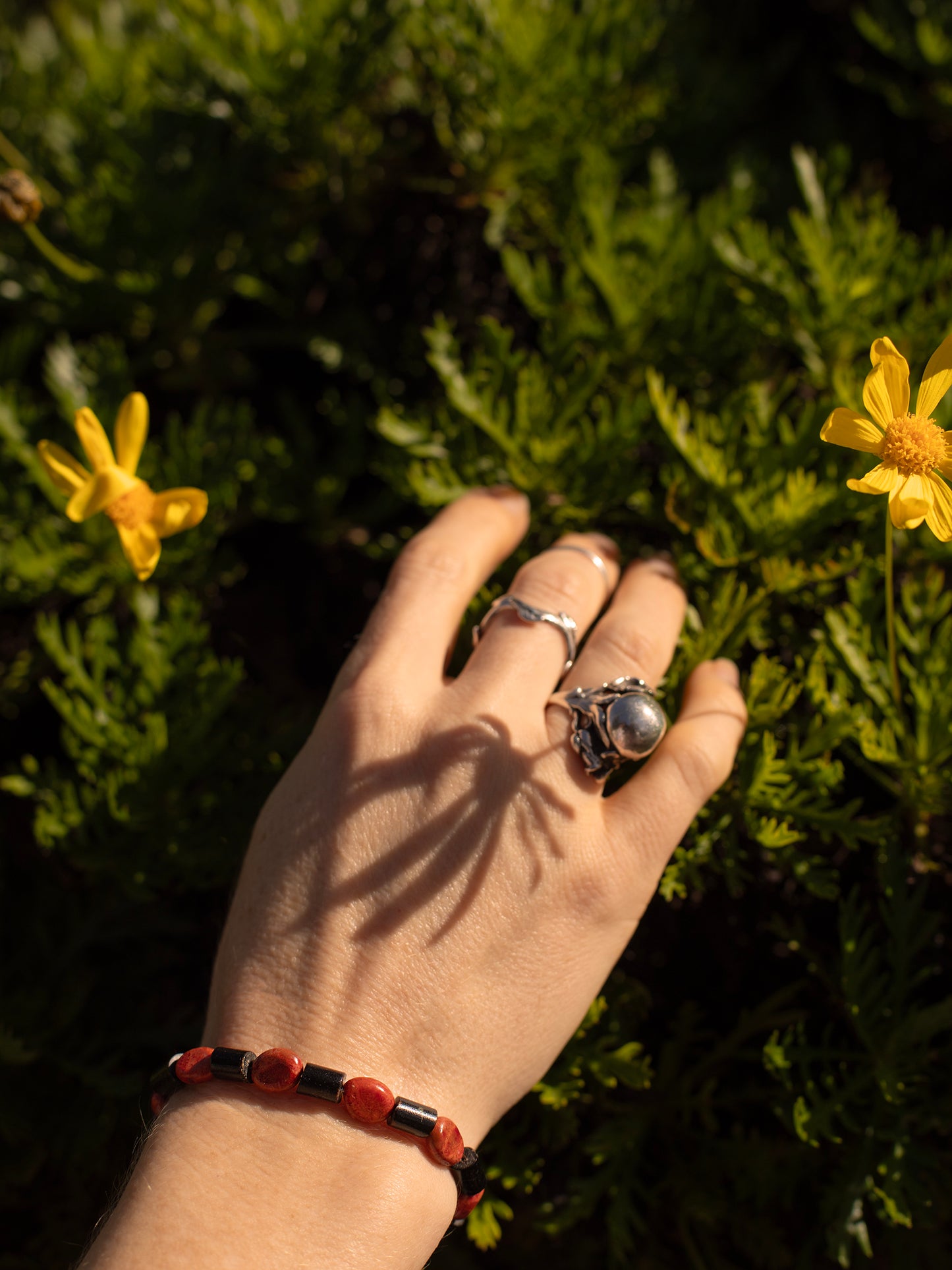 One-of-a-kind natural Red & Black Coral designer bracelet with sterling silver hardware, designed & handmade in California.