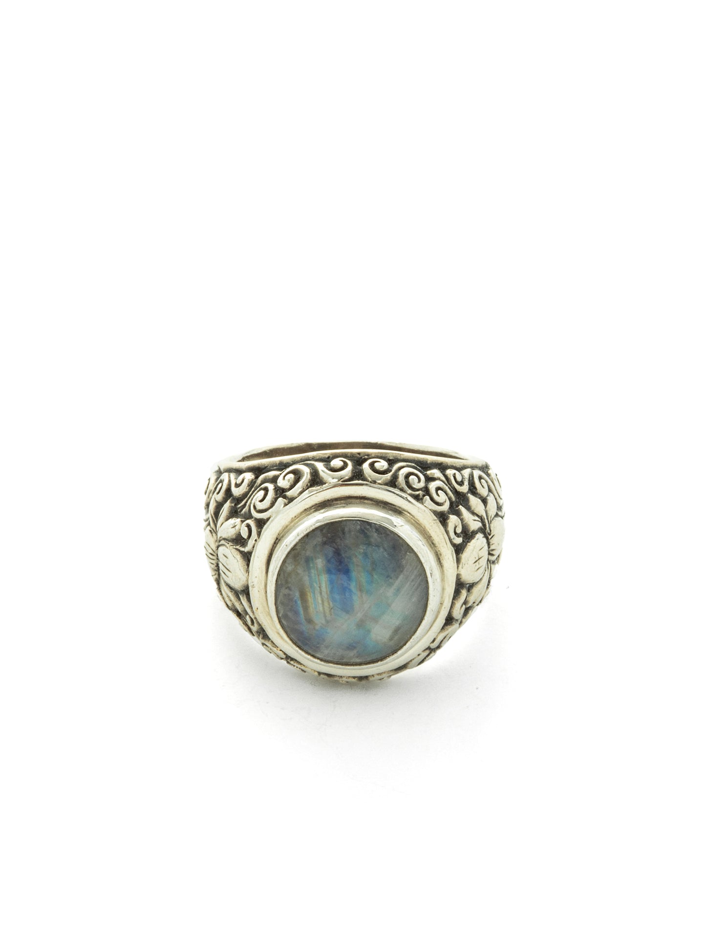 Vintage Rainbow Moonstone White Lotus Sterling Silver Signet Ring