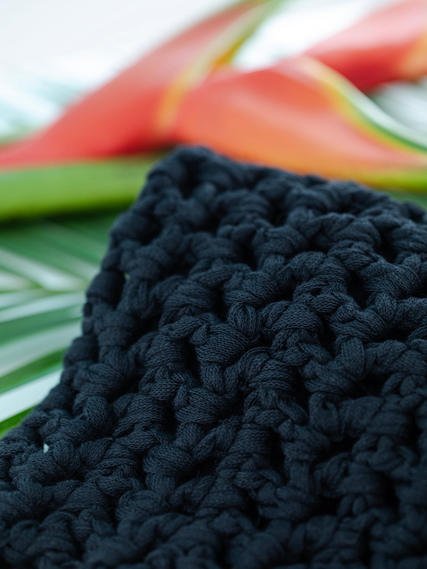 Black Organic Cotton Crochet Crop Top, XS-XL, hand-knit with organic cotton ribbon yarn, one-of-a-kind, designed in California, & made in USA.