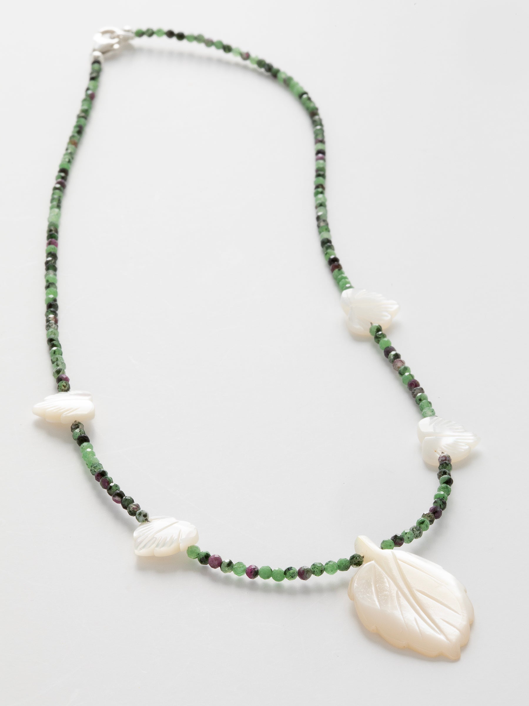 One-of-a-kind natural Ruby Zoasite crystal & Mother of Pearl designer necklace with sterling silver hardware, designed & handmade in California.