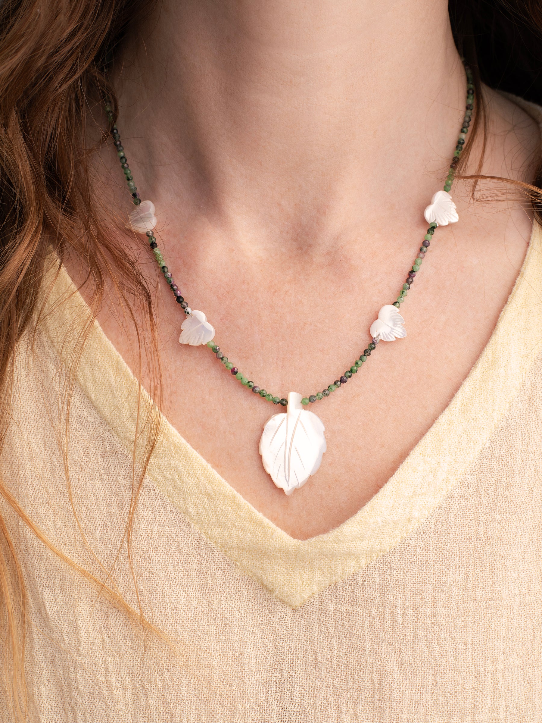 One-of-a-kind natural Ruby Zoasite crystal & Mother of Pearl designer necklace with sterling silver hardware, designed & handmade in California.