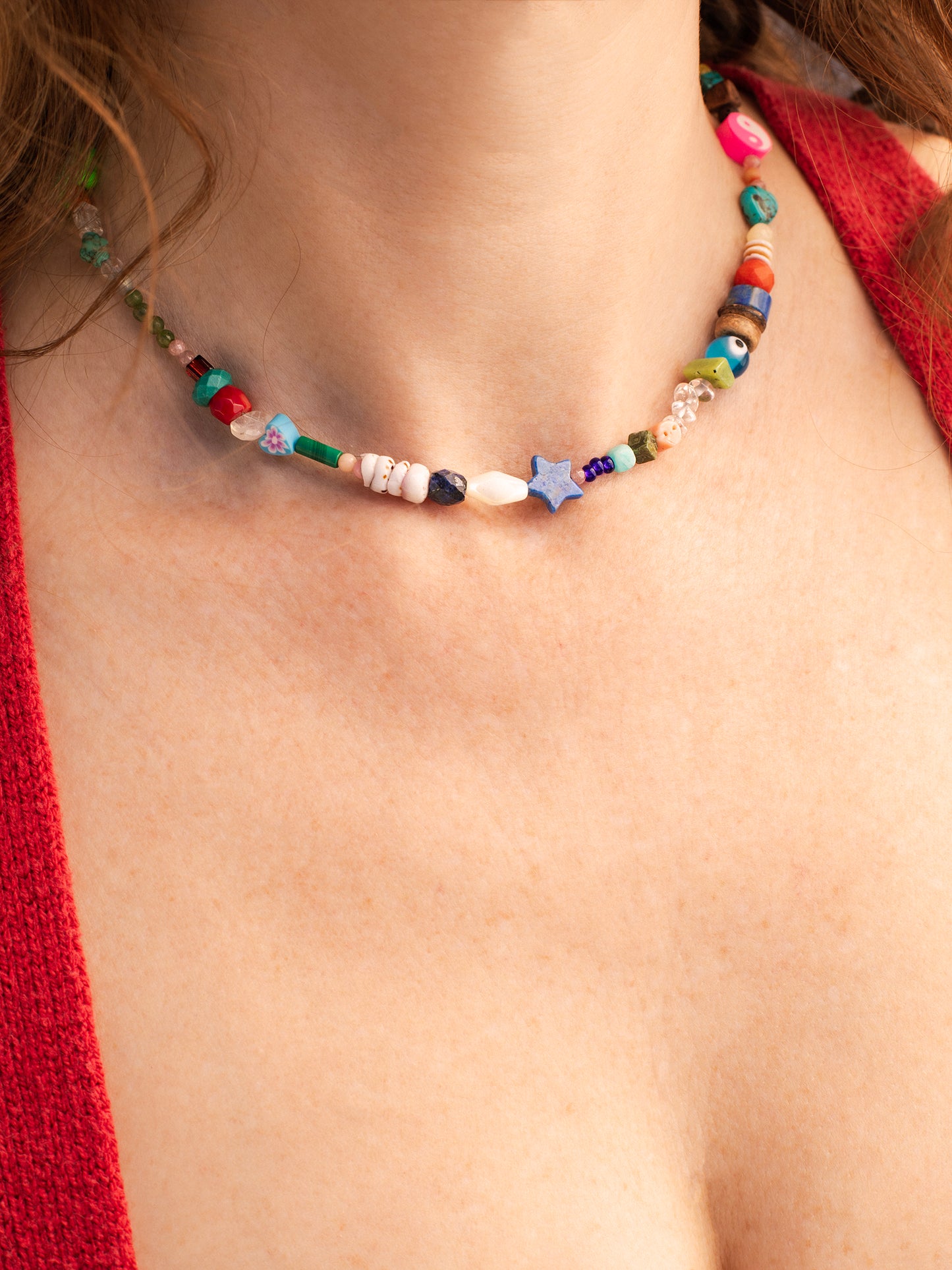 Anse Noire Necklace (#064), Abalone, Amethyst, Amazonite, Apatite, Black Lava Rock, Blue Lapis, Carnelian, Citrine, Coconut Shells, Green Jade, Howlite, Labradorite, Malachite, Moonstone, Mother of Pearl, Natural Shells, Peridot, Pink Coral, Purple Fluorite, Red Coral, Rhodonite, Rose Quartz, Serpentine, Turquoise, Sterling Silver clasp, One-of-a-kind, Designed & handmade in California.