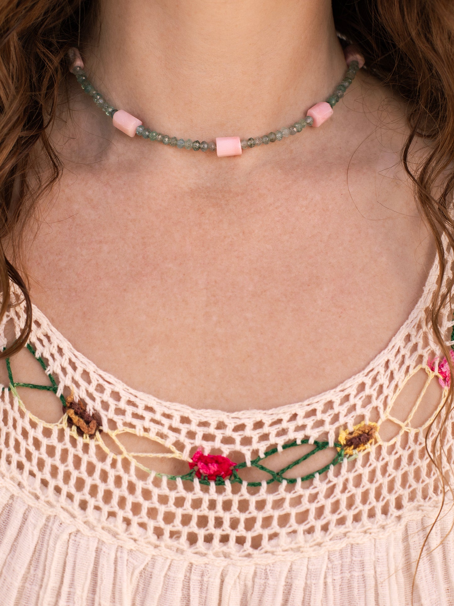 One-of-a-kind natural crystal Apatite & Rhodonite designer bracelet with sterling silver hardware, designed & handmade in California.