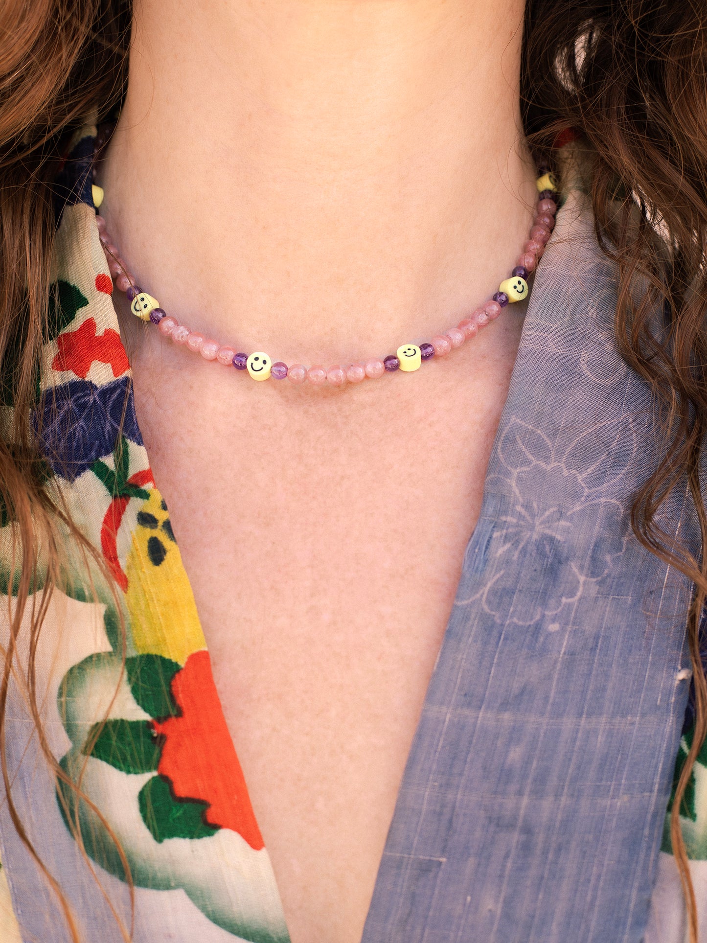 One-Of-A-Kind statement choker necklace lovingly designed & handmade in California using Amethyst, Rhodochrosite, Polymer Clay beads, & a Sterling Silver clasp. Stones are connected to Capricorn, Pisces, Aquarius, Virgo, Scorpio, & Leo signs, & this piece is designed to unite the Heart & Crown Chakras.