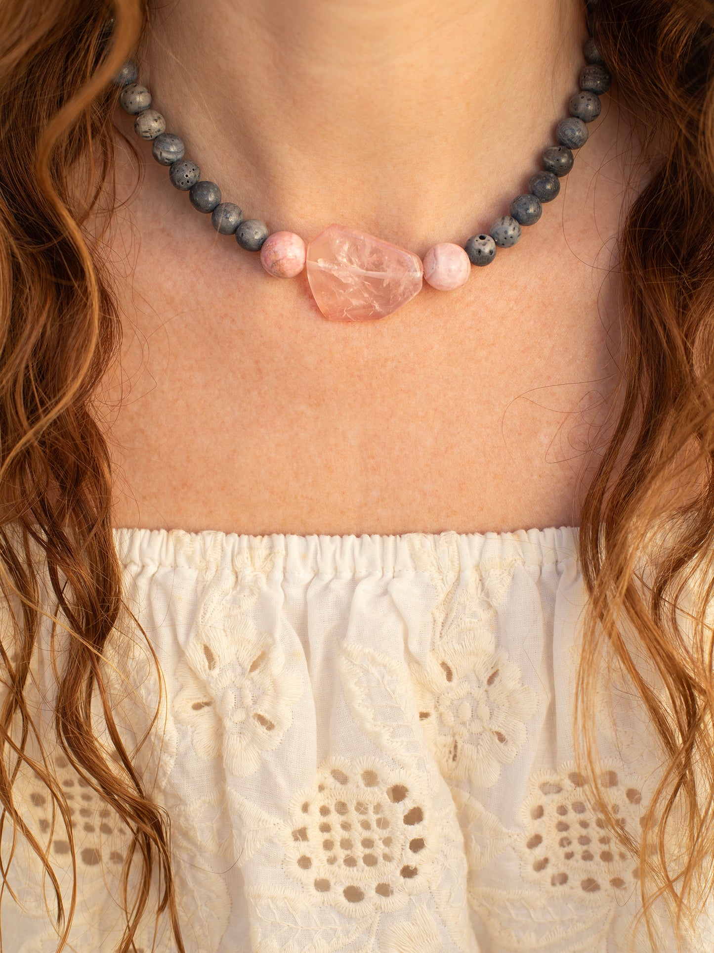 Mount Skåla Necklace (#065), Lava Rock, Rose Quartz, Thulite, Sterling Silver clasp, One-of-a-kind, Designed & handmade in California, Inspired by one of the best mountains for backcountry skiing in Norway, Uniting the Root & Heart Chakras for an truly transformational vibration made possible by igneous Lava Rock. Cancer, Taurus, Virgo, & Capricorn, this one's for YOU.
