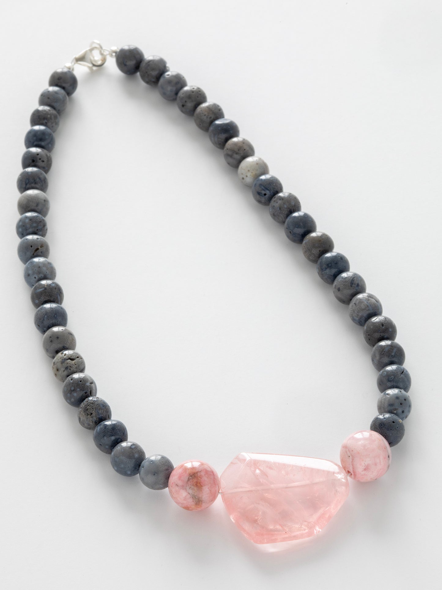 Mount Skåla Necklace (#065), Lava Rock, Rose Quartz, Thulite, Sterling Silver clasp, One-of-a-kind, Designed & handmade in California, Inspired by one of the best mountains for backcountry skiing in Norway, Uniting the Root & Heart Chakras for an truly transformational vibration made possible by igneous Lava Rock. Cancer, Taurus, Virgo, & Capricorn, this one's for YOU.