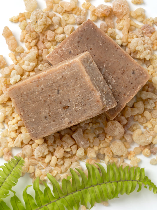 Frankincense Goat Milk Olive Oil Soap, Natural Ingredients, No Chemicals, Transformative & Restorative, Exfoliates Fine Lines & Brightens Skin Tone, Good for your skin & the environment, Made by hand in small batches in the USA.