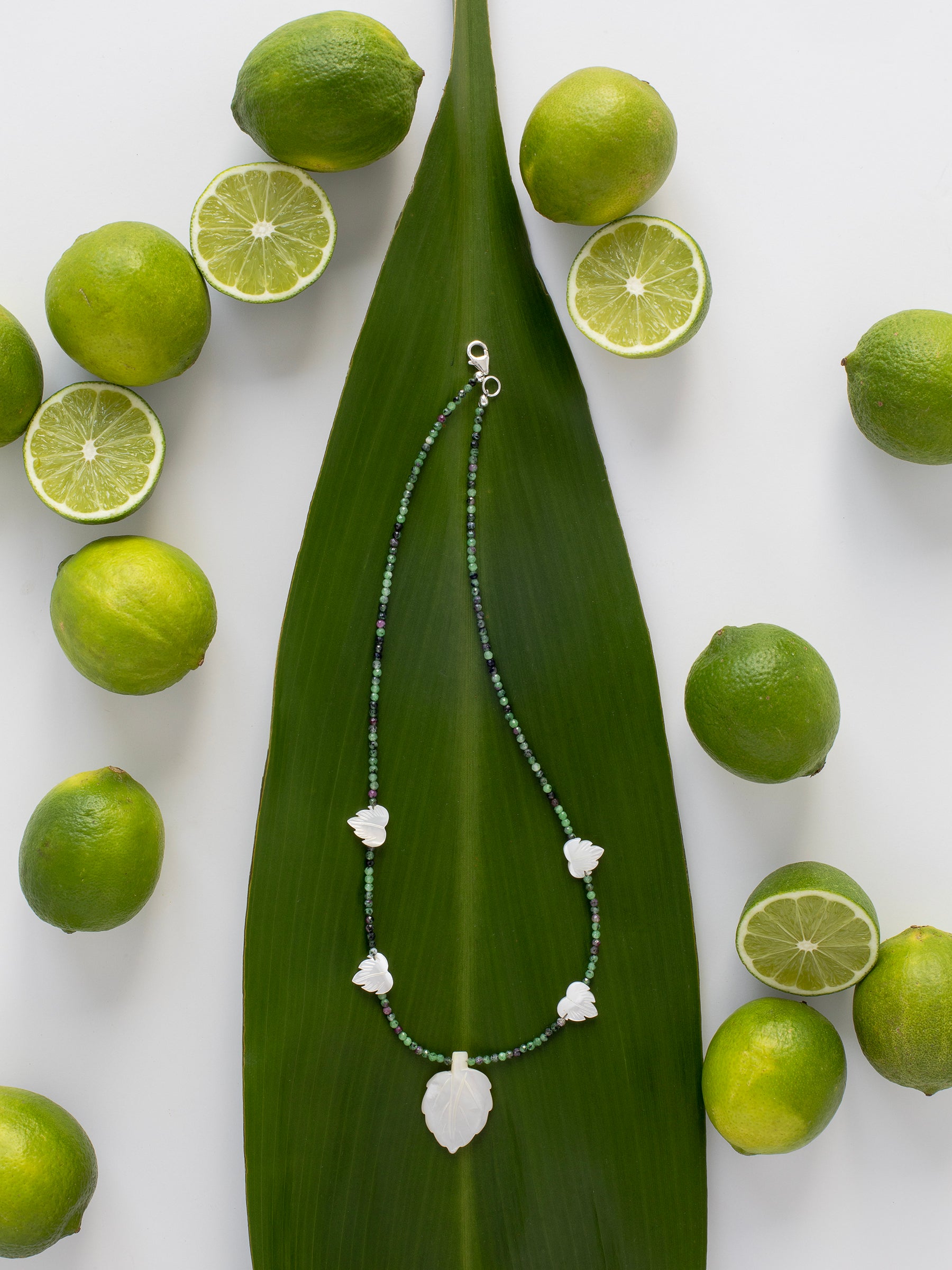 One-of-a-kind natural Ruby Zoasite crystal & Mother of Pearl designer necklace with sterling silver hardware, designed & handmade in California.