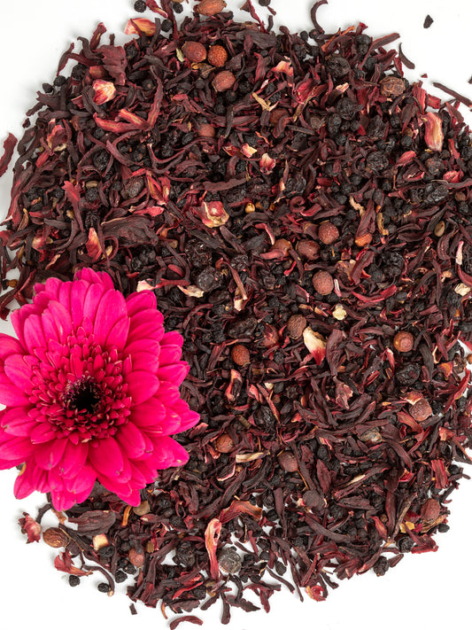 Organic Hydrating Hibiscus Elderberry Antioxidant Tea, Brews to create a dark pink color, Hibiscus, Currant, & Hawthorn Berry provide antioxidants to include anthocyanins & vitamin C, which may reduce inflammation & improve collagen production, Elderberry contains flavonoids, which are antioxidants which may help reduce inflammation & protect against cell damage, Caffeine free, Can be served hot or cold.