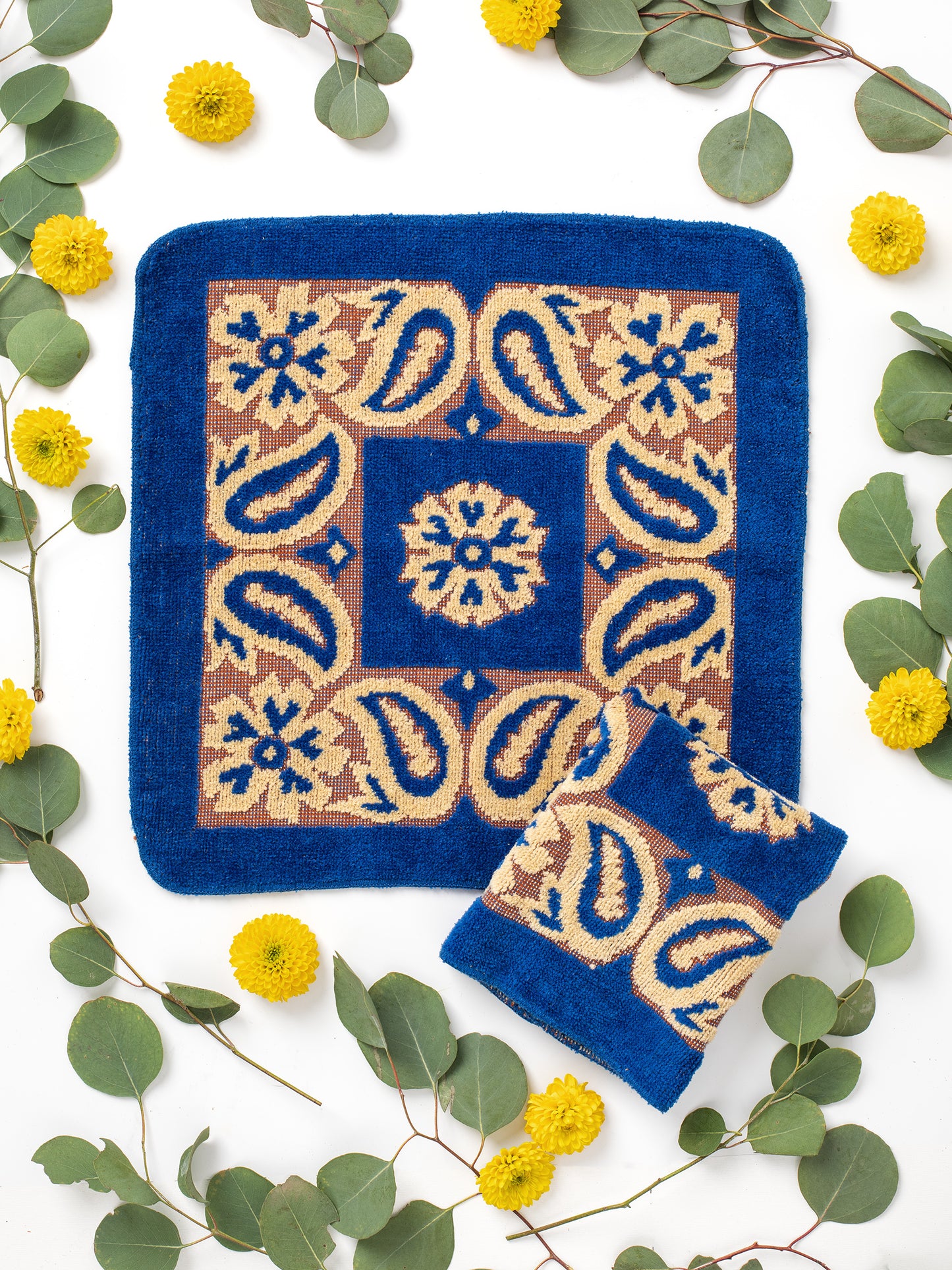 Vintage Deadstock Blue Paisley Washcloths/Hand Towels, Royal Blue, Golden Brown, & Light Yellow colors, Art Deco color scheme, Floral Paisley design, Fieldcrest brand, 1960s-1970s, Cotton Blend: 90% Cotton, 10% Polyester, Deadstock = brand-new, never been used, Sourced in California.