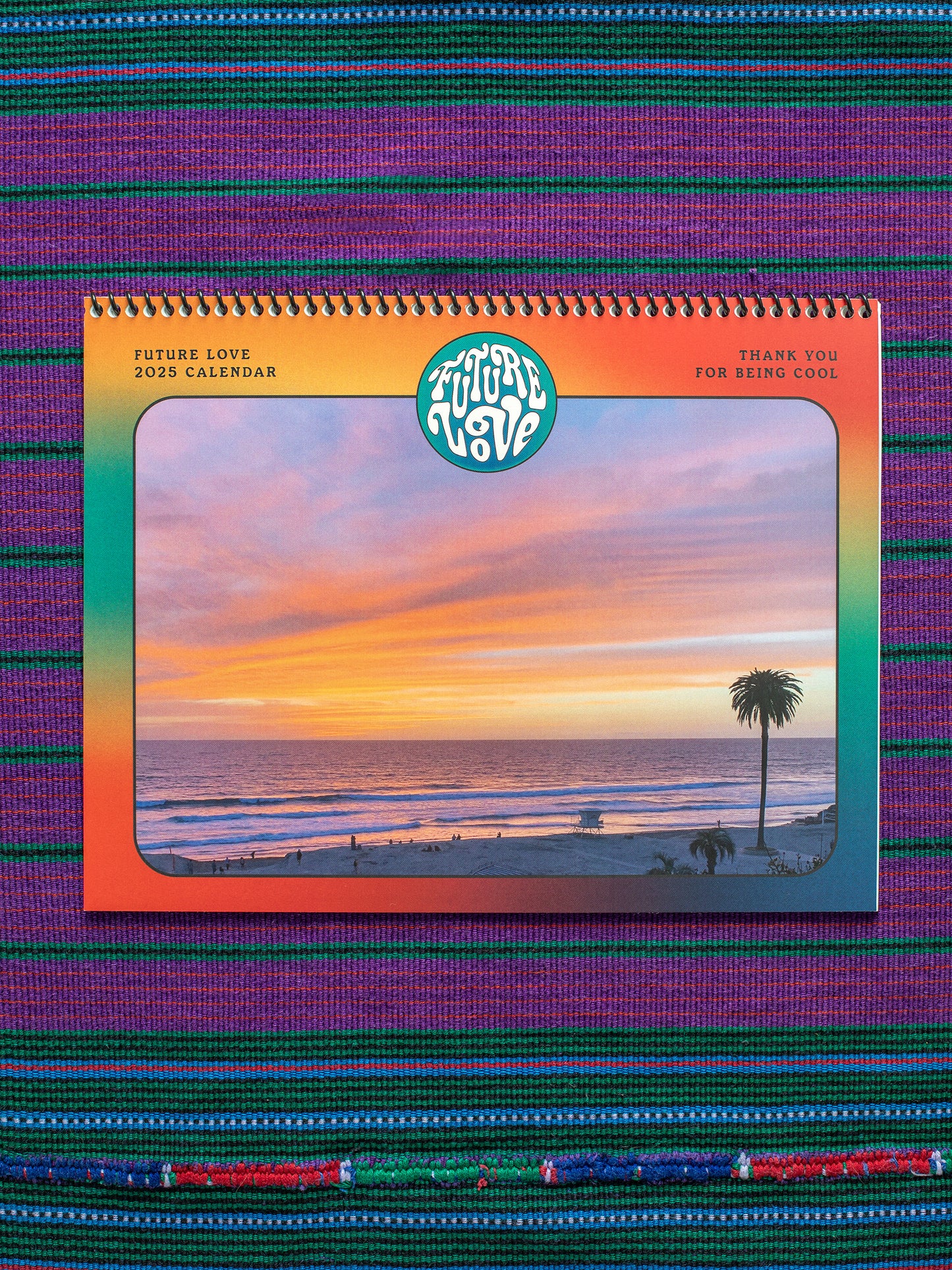 Future Love 2025 Printed Spiral-Bound Calendar, Every color of the rainbow, Includes the cycles of the moon & holidays, Quotes from the ages... all about love, Designed & Printed in. California.