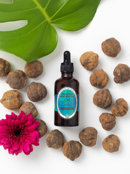Forever Moonglow Organic Juniper Berry Face & Body Oil, Protects the skin's lipid layer, Supports collagen + elastin, Encourages cell turnover, Increases hydration, Reduces inflammation, Moisturizes, Brightens skin tone, Provides important antioxidants, Handmade in small batches, Made in California.