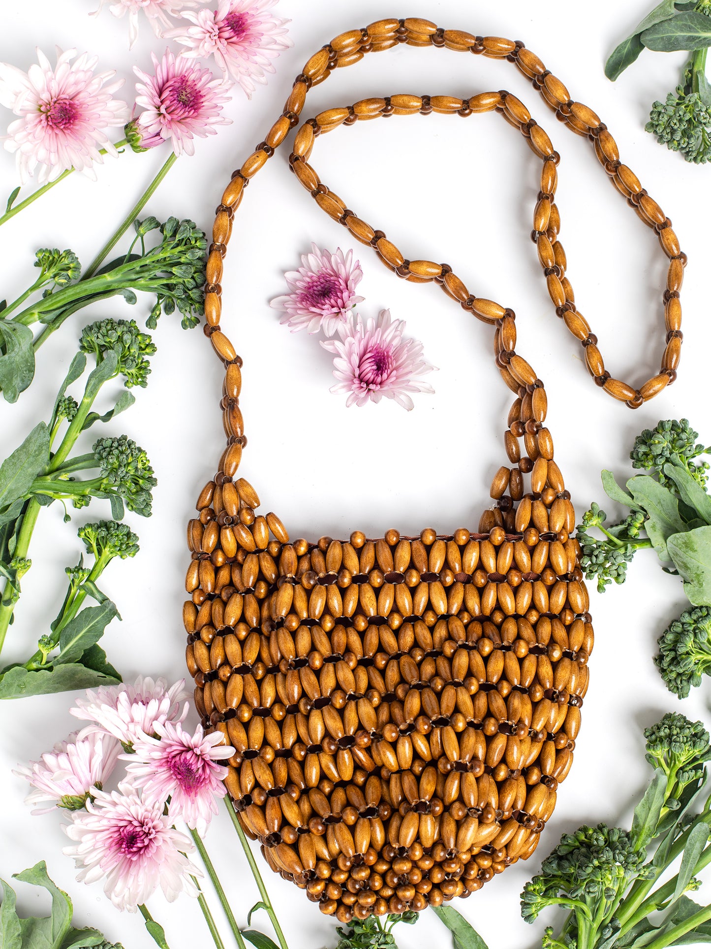 Vintage Brown Wooden Beaded Mini Bucket Bag (1970s)