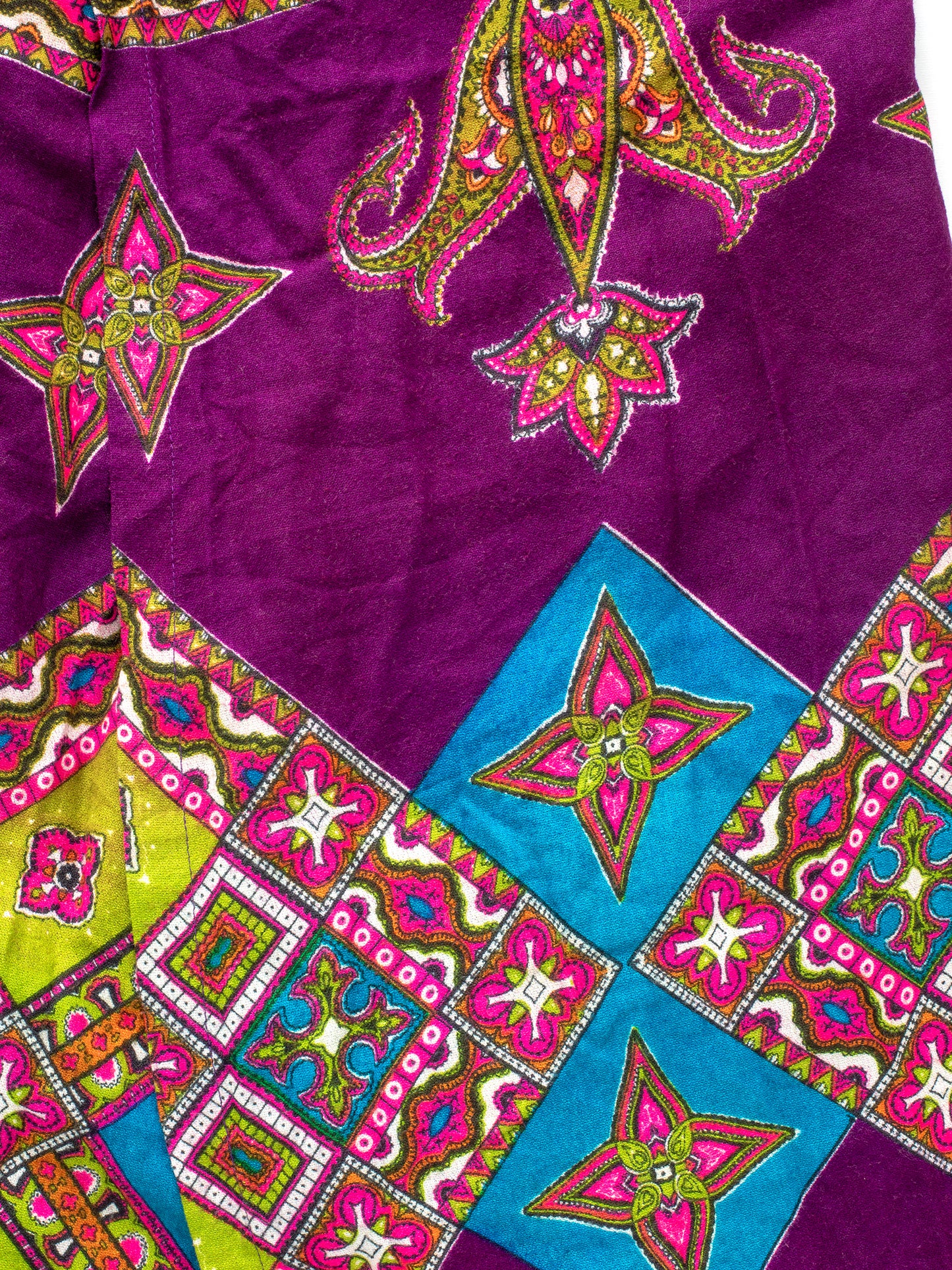 Vintage Psychedelic Purple & Green Paisley Print Tie-Front Palazzo Pants, Cotton-polyester blend fabric is soft, similar to a lightweight flannel, Adjustable tie-front waist, Psychedelic print, 1960s-1970s, Pairs great with a fitted or cropped shirt, vest, or jacket, Sourced in California.