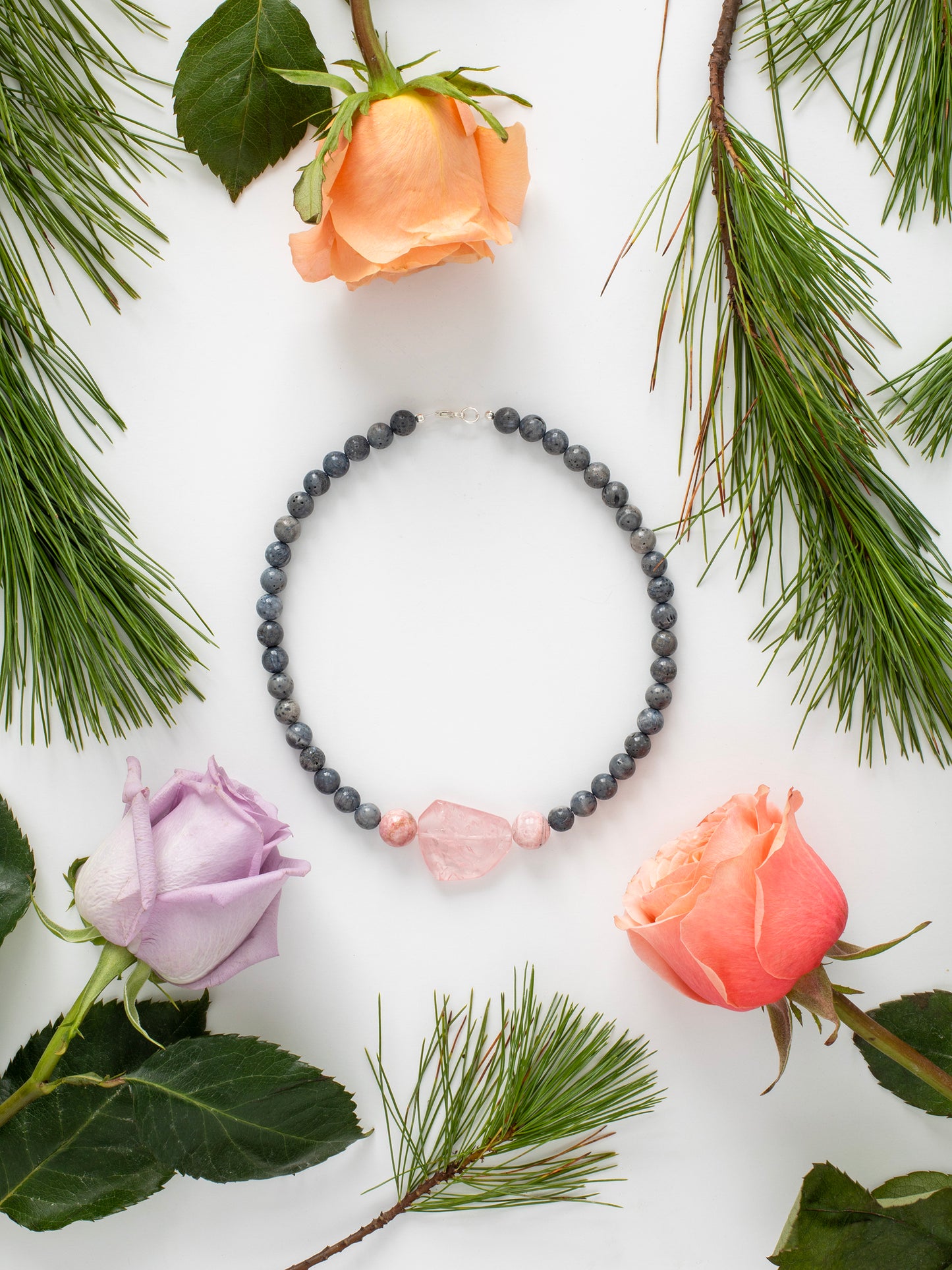 Mount Skåla Necklace (#065), Lava Rock, Rose Quartz, Thulite, Sterling Silver clasp, One-of-a-kind, Designed & handmade in California, Inspired by one of the best mountains for backcountry skiing in Norway, Uniting the Root & Heart Chakras for an truly transformational vibration made possible by igneous Lava Rock. Cancer, Taurus, Virgo, & Capricorn, this one's for YOU.