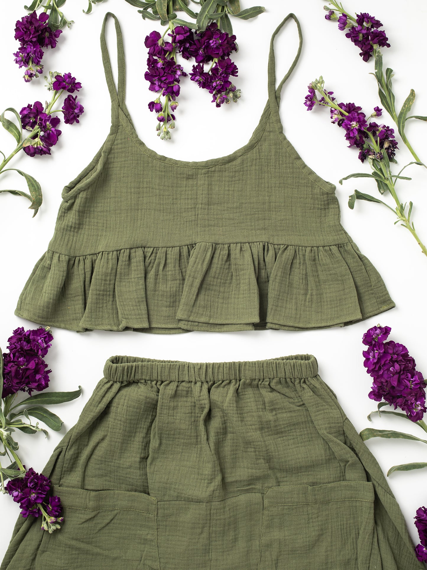 Fun Time Top in Sage Green - Comes in 6 different colors: Sky Blue, Sage Green, Lavender Purple, Bright White, Golden Yellow, Desert Taupe, Coral Pink, & Jet Black, Easy fit designed to look good on any shape or size, XS, S, M, L, XL, 100% Organic Cotton Double Gauze. Designed & Made in California.