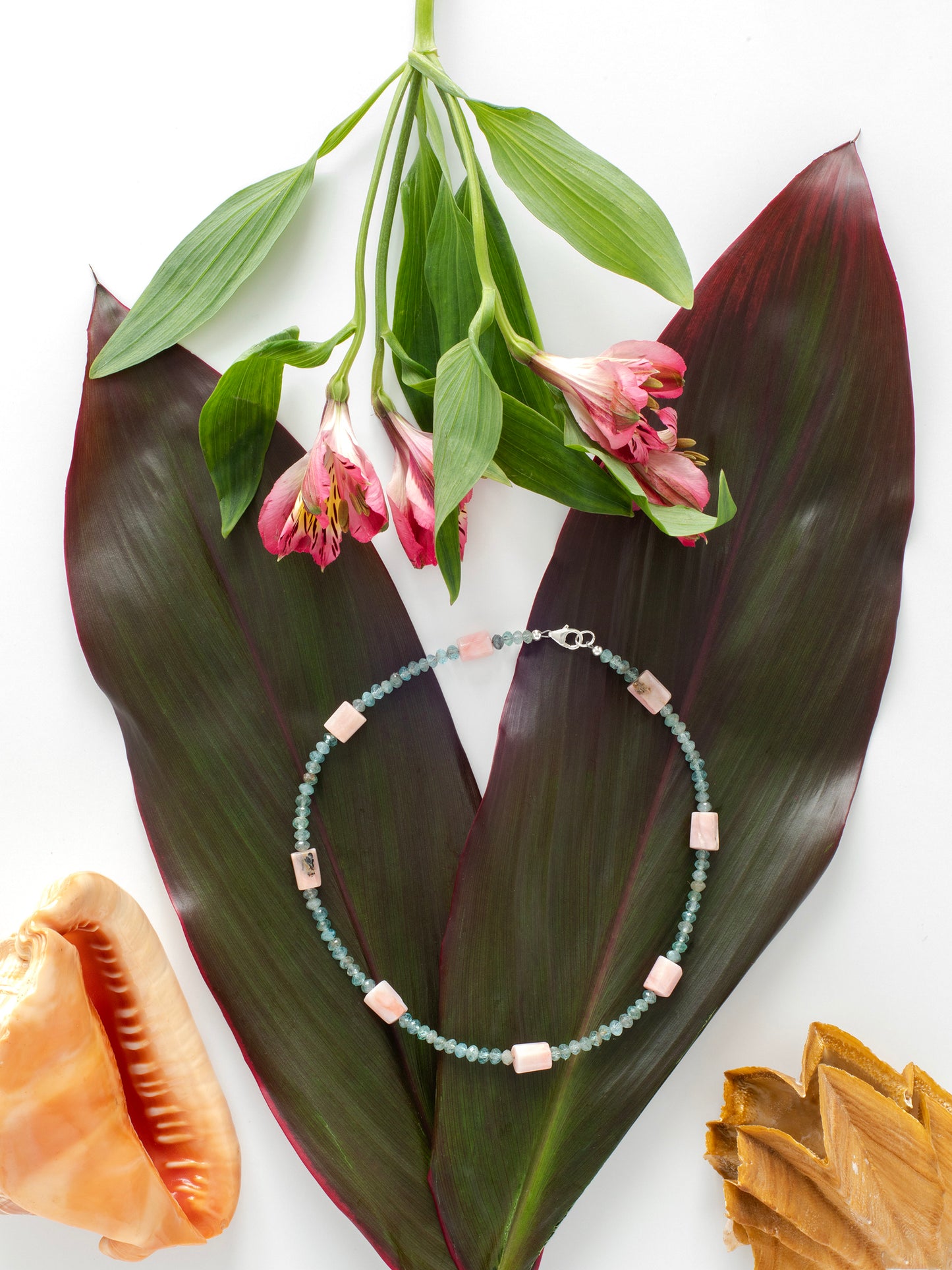 One-of-a-kind natural crystal Apatite & Rhodonite designer bracelet with sterling silver hardware, designed & handmade in California.