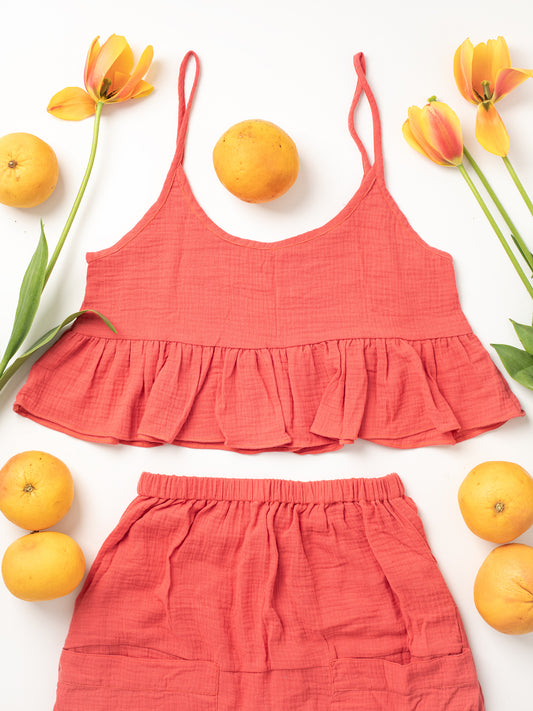 Fun Time Set, Six different colors: Sky Blue, Sage Green, Lavender Purple, Bright White, Golden Yellow, Desert Taupe, Coral Pink, & Jet Black, Easy fit designed to look good on any shape or size, XS, S, M, L, XL, Swingy top looks good snug or loose, Flowy skirt moves with you, Midi or maxi length skirt, depends on your height, V-shaped yoke & slight train in the back, Large patch pockets on front of skirt, 100% Organic Cotton Double Gauze,
Designed & Made in California.