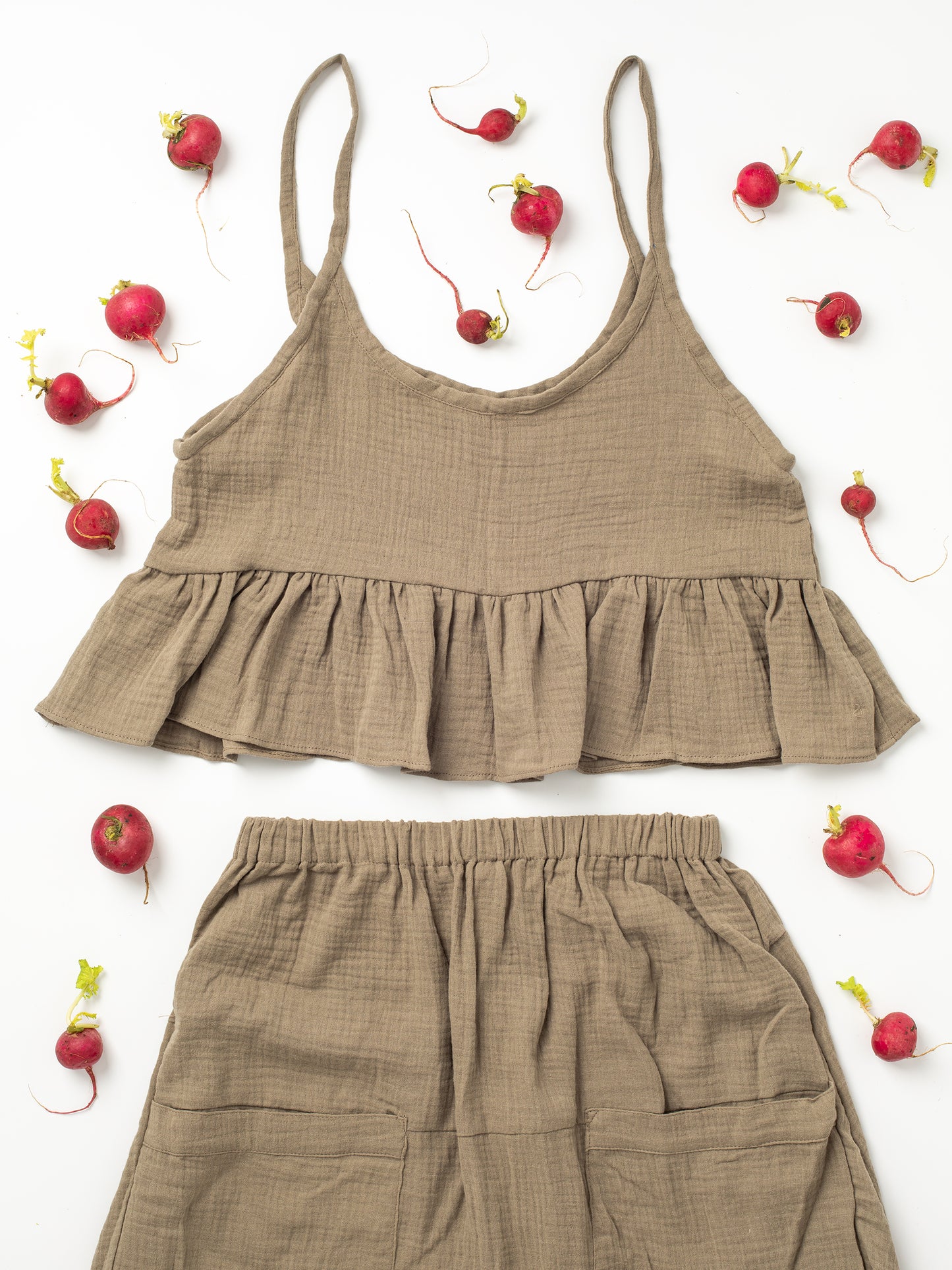 Fun Time Top in Desert Taupe - Comes in 6 different colors: Sky Blue, Sage Green, Lavender Purple, Bright White, Golden Yellow, Desert Taupe, Coral Pink, & Jet Black, Easy fit designed to look good on any shape or size, XS, S, M, L, XL, 100% Organic Cotton Double Gauze. Designed & Made in California.