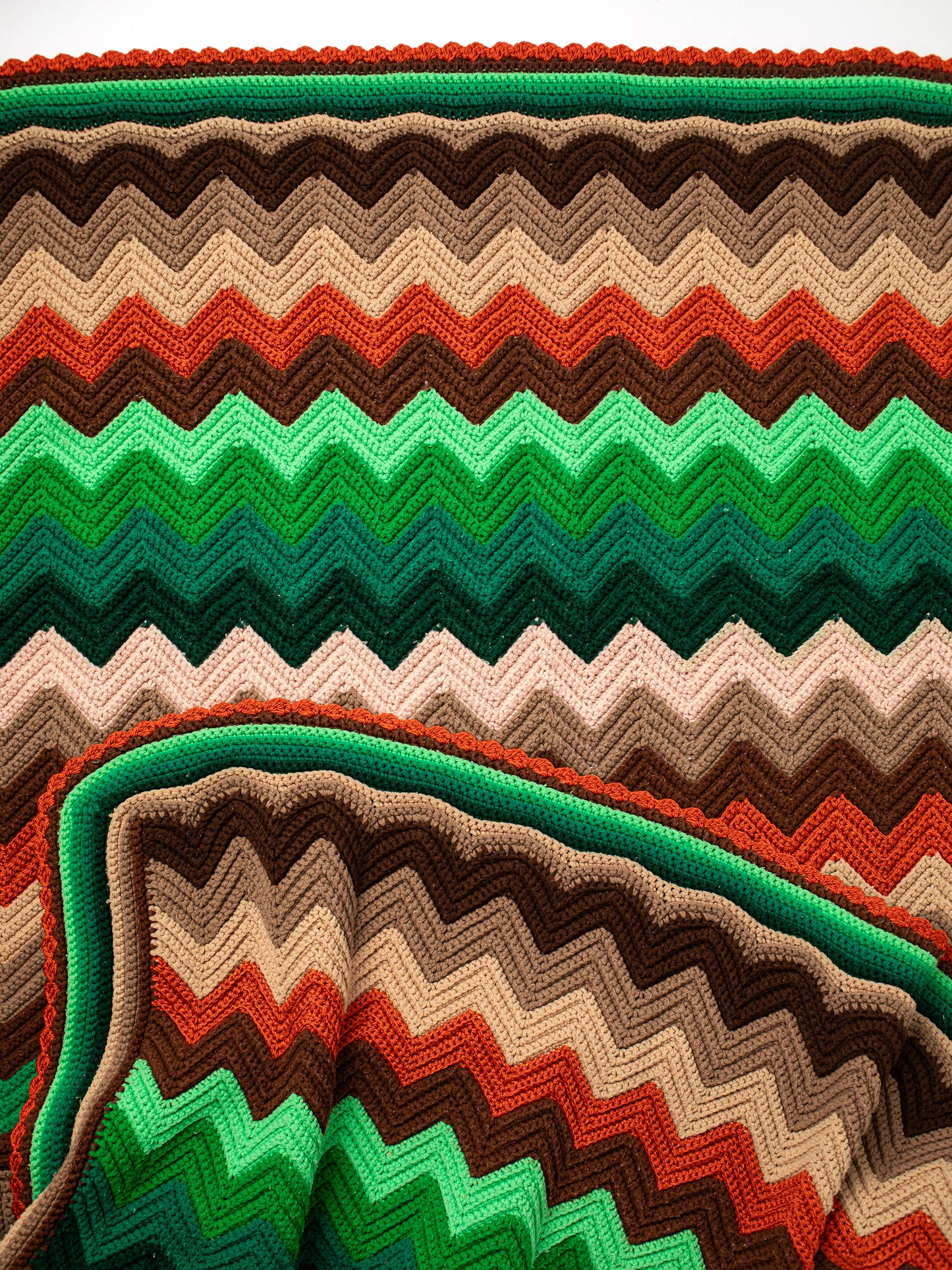 Vintage Green & Neutrals Chevron Striped Handmade Crochet Afghan Blanket (1970s)