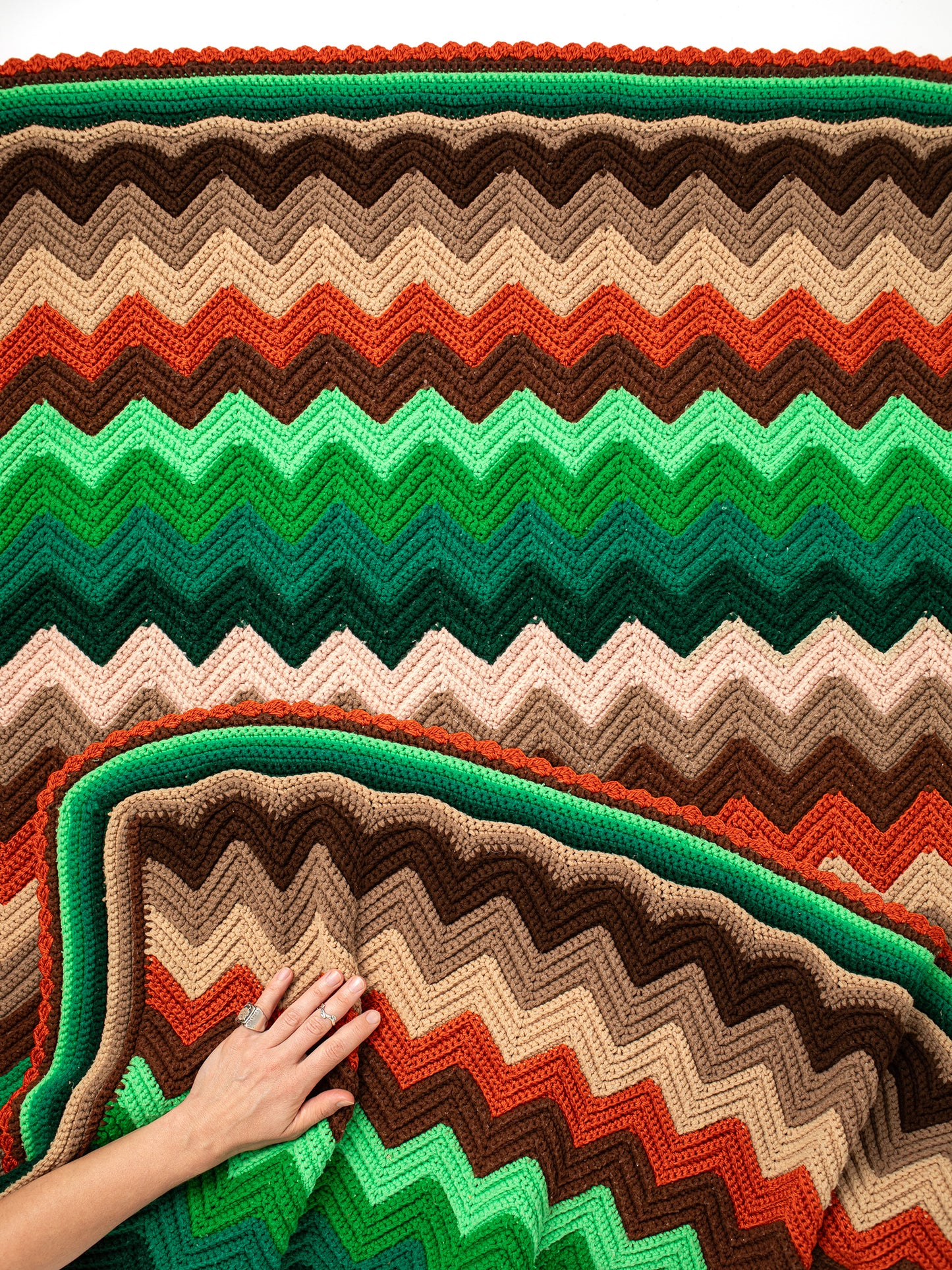 Vintage Green & Neutrals Chevron Striped Handmade Crochet Afghan Blanket (1970s)