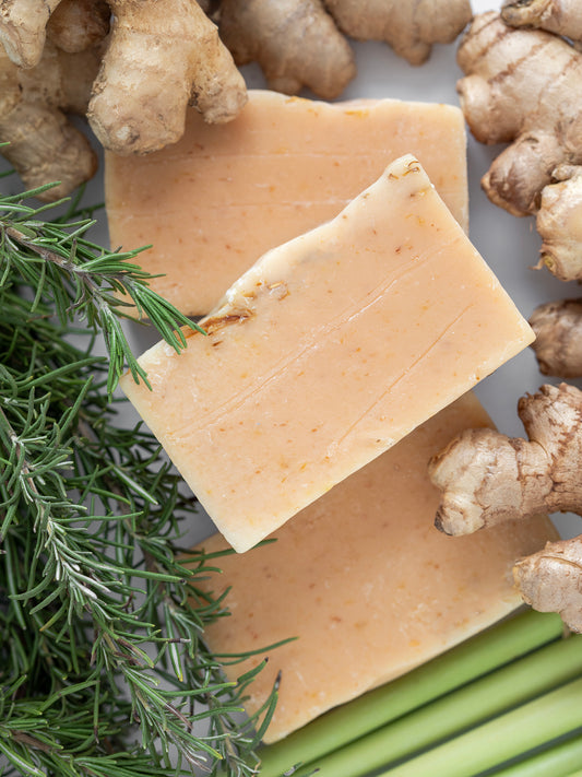 Lemongrass Rosemary Ginger Goat Milk Olive Oil Soap, Natural Ingredients, No Chemicals, Transformative & Restorative, Exfoliates Fine Lines & Brightens Skin Tone, Good for your skin & the environment, Made by hand in small batches in the USA.