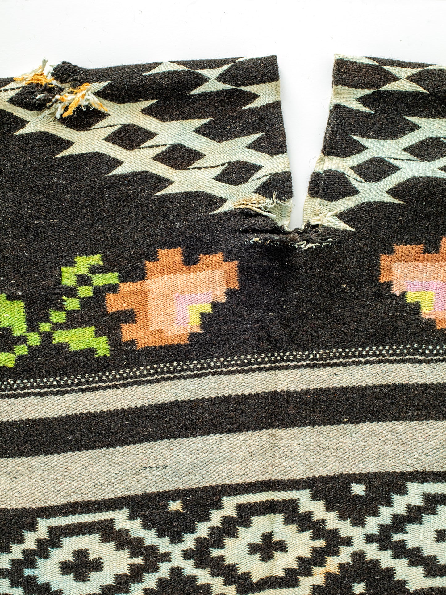 Vintage Rose Wool Poncho (1970s), Black, cream, pink, & green colors, Wool, Fringe at the bottom, Fits XS, S, M, L, XL, Highly distressed, please see photos for signs of wear, Handmade, One-of-a-kind, Sourced in California.