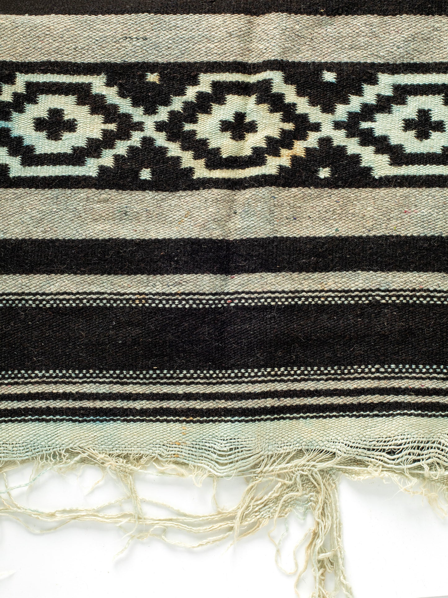 Vintage Rose Wool Poncho (1970s), Black, cream, pink, & green colors, Wool, Fringe at the bottom, Fits XS, S, M, L, XL, Highly distressed, please see photos for signs of wear, Handmade, One-of-a-kind, Sourced in California.