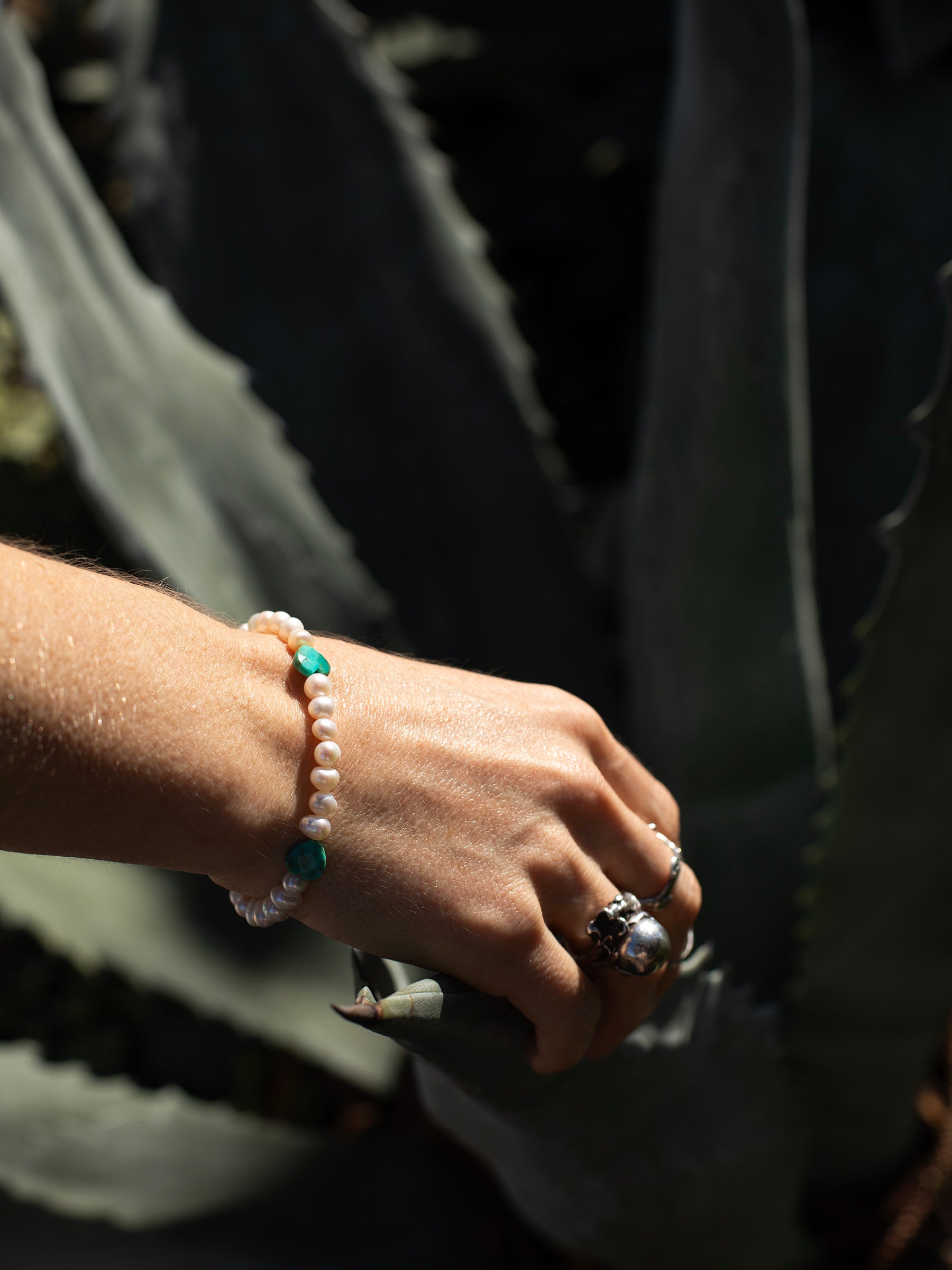 One-of-a-kind Freshwater Pearl & Turquoise designer bracelet with sterling silver hardware, designed & handmade in California.