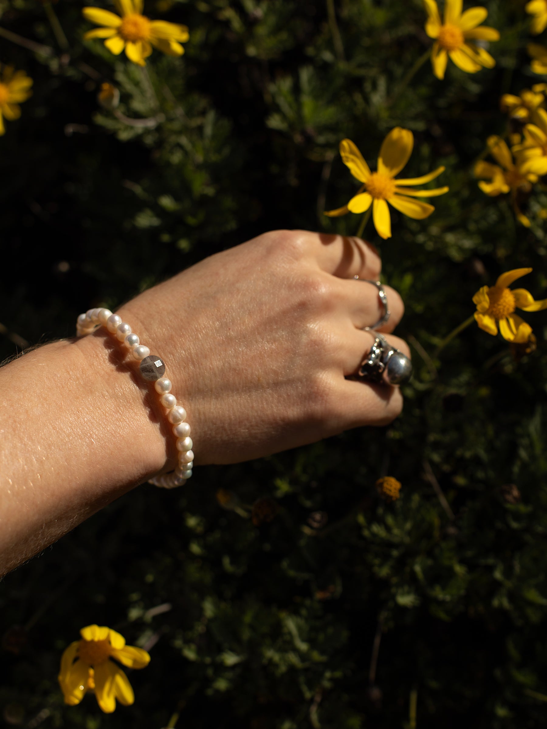 One-of-a-kind Freshwater Pearl & Labradorite crystal designer bracelet with sterling silver hardware, designed & handmade in California.