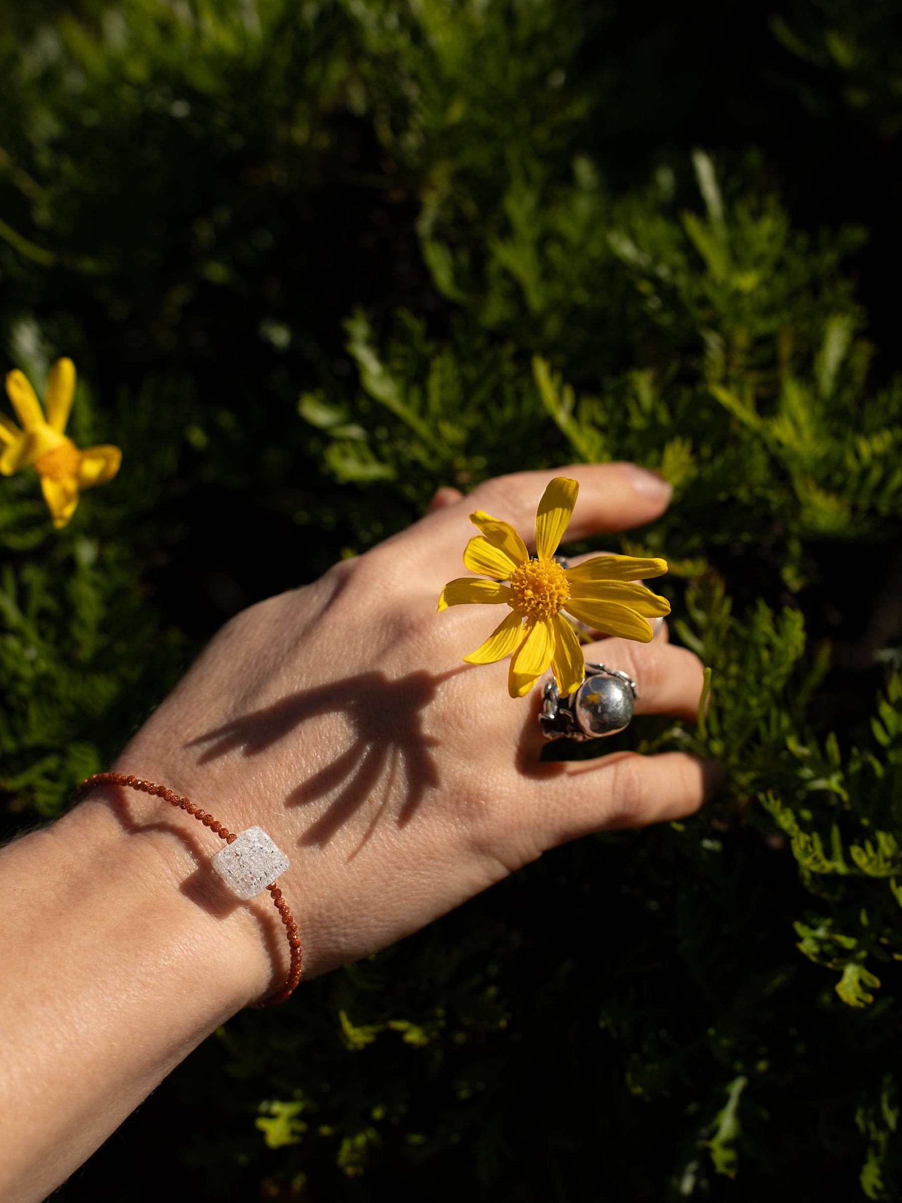 One-of-a-kind natural Quartz crystal & Goldstone designer bracelet with Italian goldstone & sterling silver hardware, designed & handmade in California.