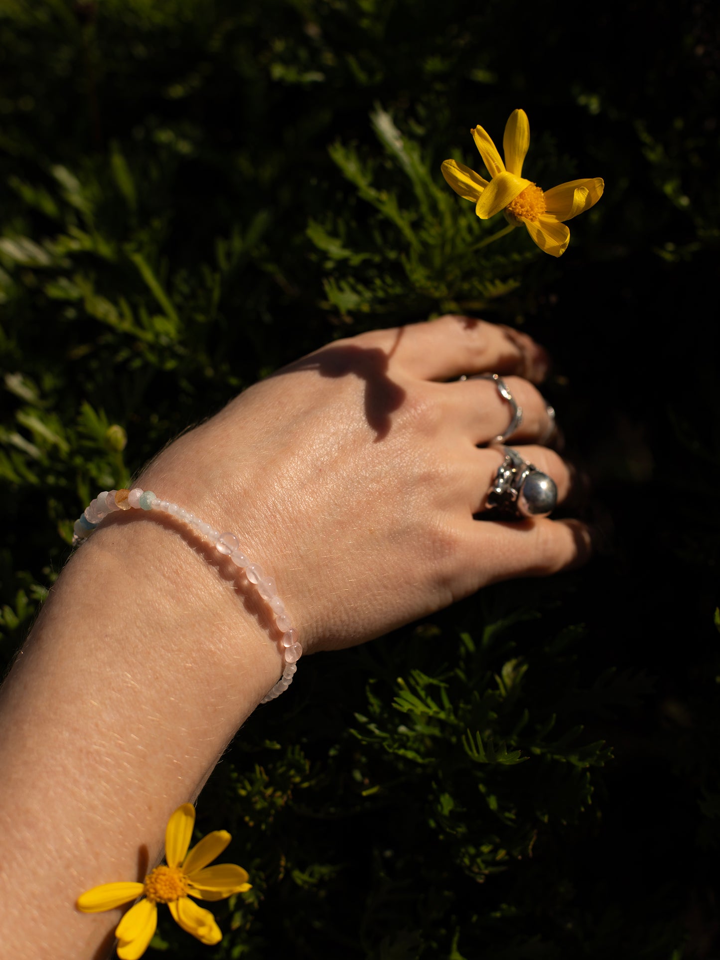 One-of-a-kind natural Morganite & Rose Quartz crystal designer bracelet with sterling silver hardware, designed & handmade in California.