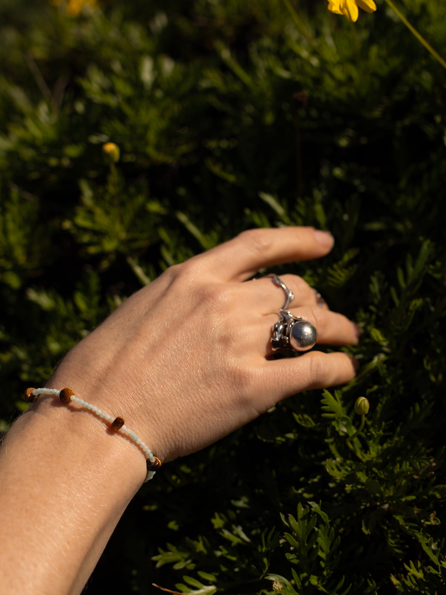 One-of-a-kind natural Amazonite & Tiger's Eye crystal designer bracelet with sterling silver hardware, designed & handmade in California.