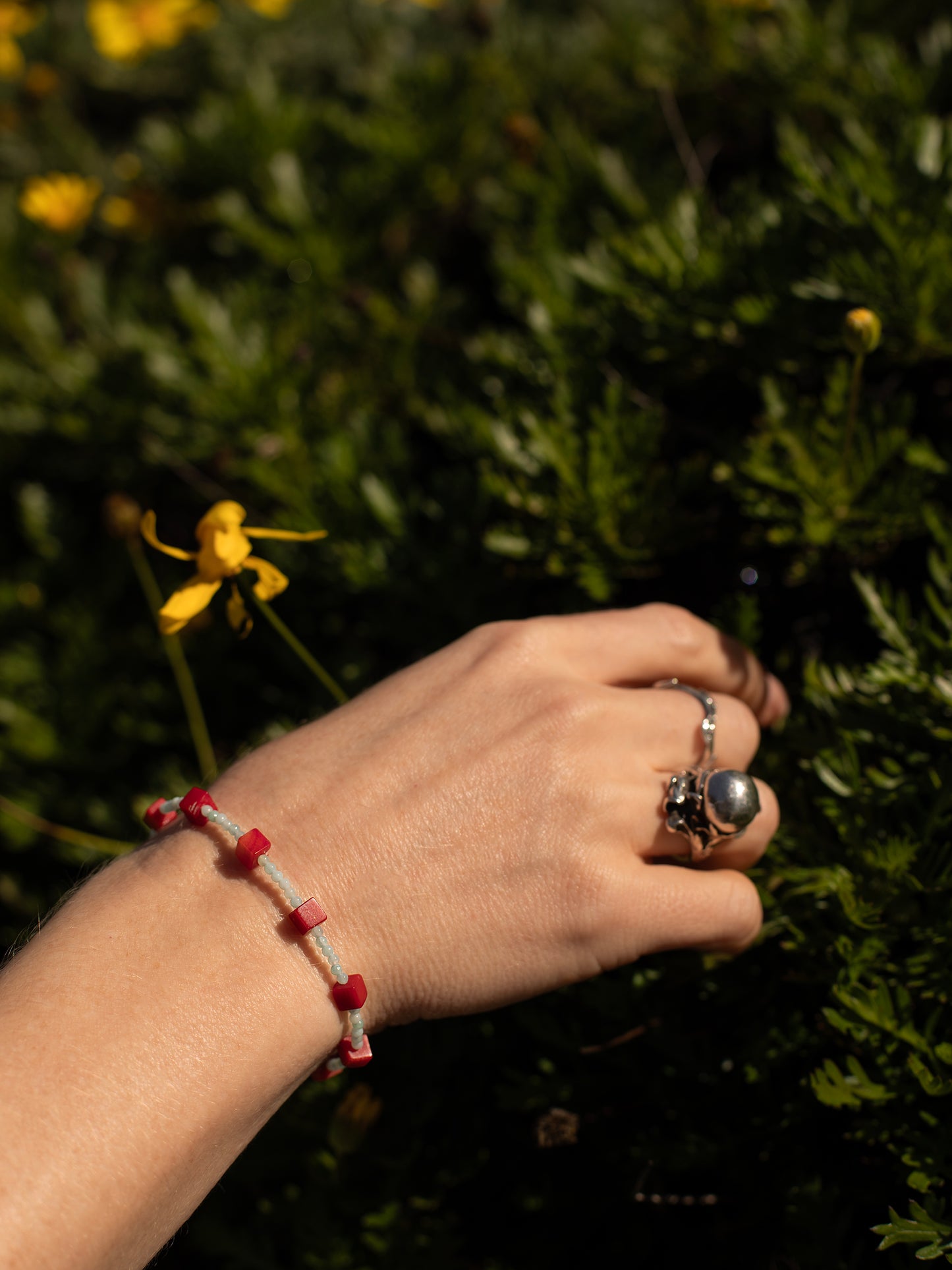 One-of-a-kind natural Amazonite & Red Coral designer necklace with sterling silver hardware, designed & handmade in California.