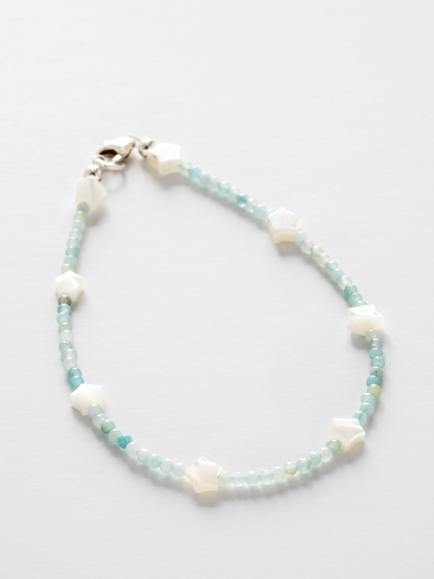 One-of-a-kind natural Amazonite crystal & Mother of Pearl shell designer bracelet with sterling silver hardware, designed & handmade in California.