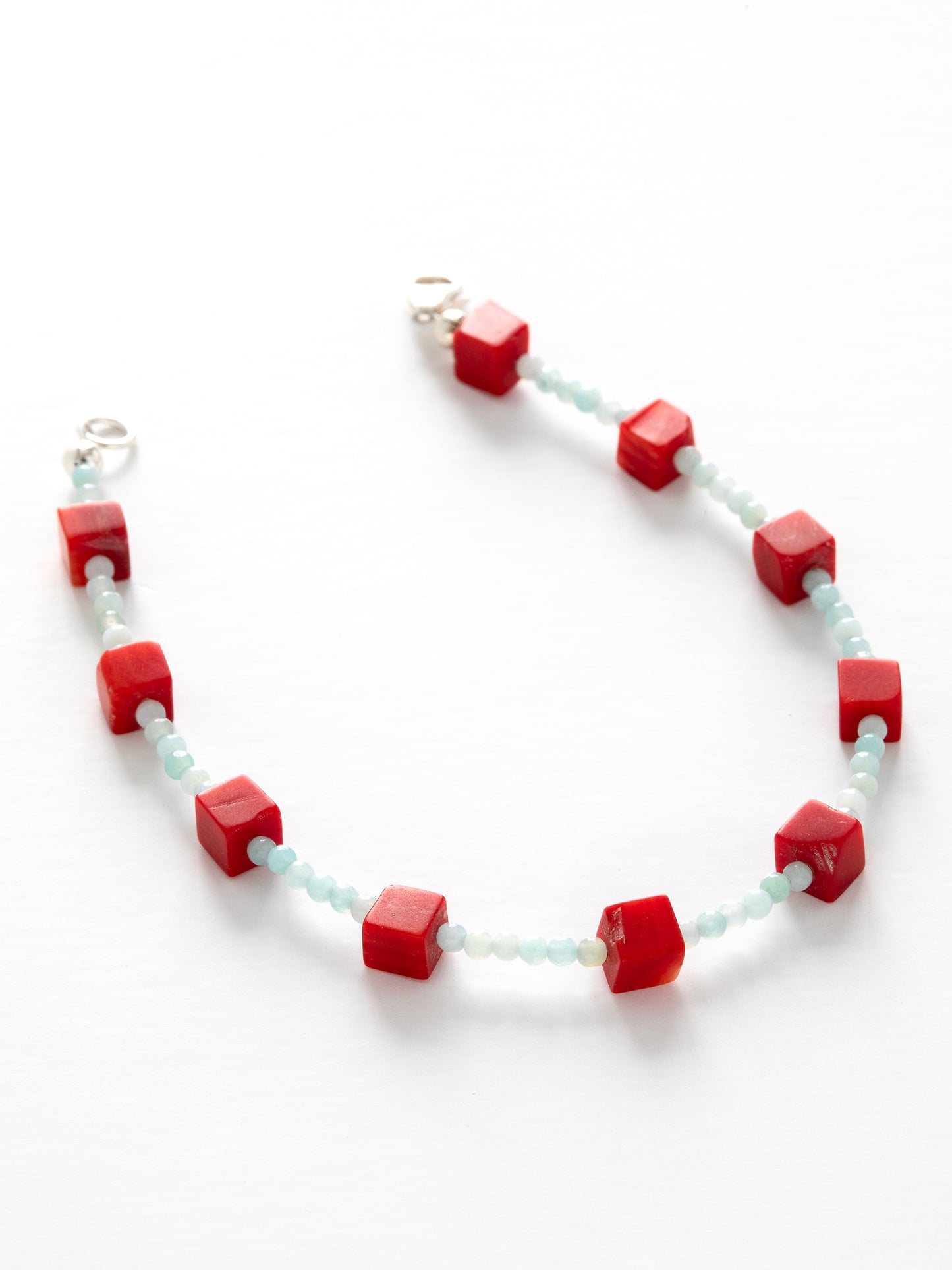 One-of-a-kind natural Amazonite & Red Coral designer necklace with sterling silver hardware, designed & handmade in California.