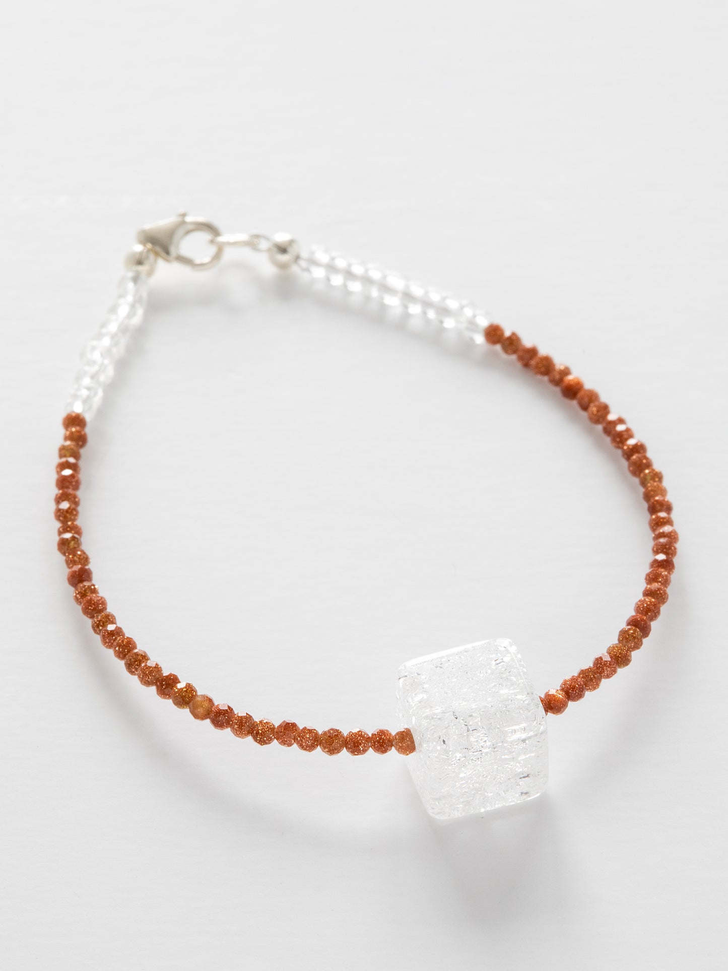 One-of-a-kind natural Quartz crystal & Goldstone designer bracelet with Italian goldstone & sterling silver hardware, designed & handmade in California.