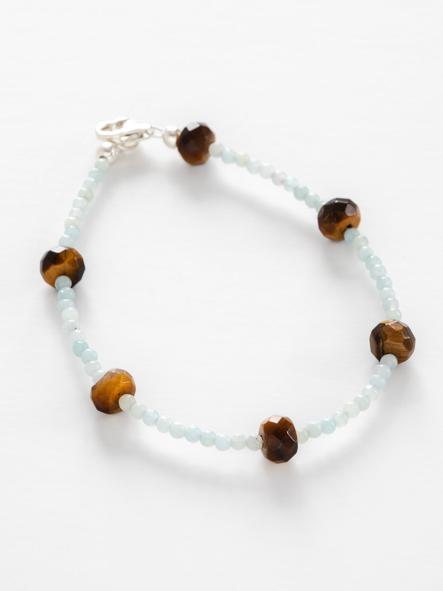 One-of-a-kind natural Amazonite & Tiger's Eye crystal designer bracelet with sterling silver hardware, designed & handmade in California.