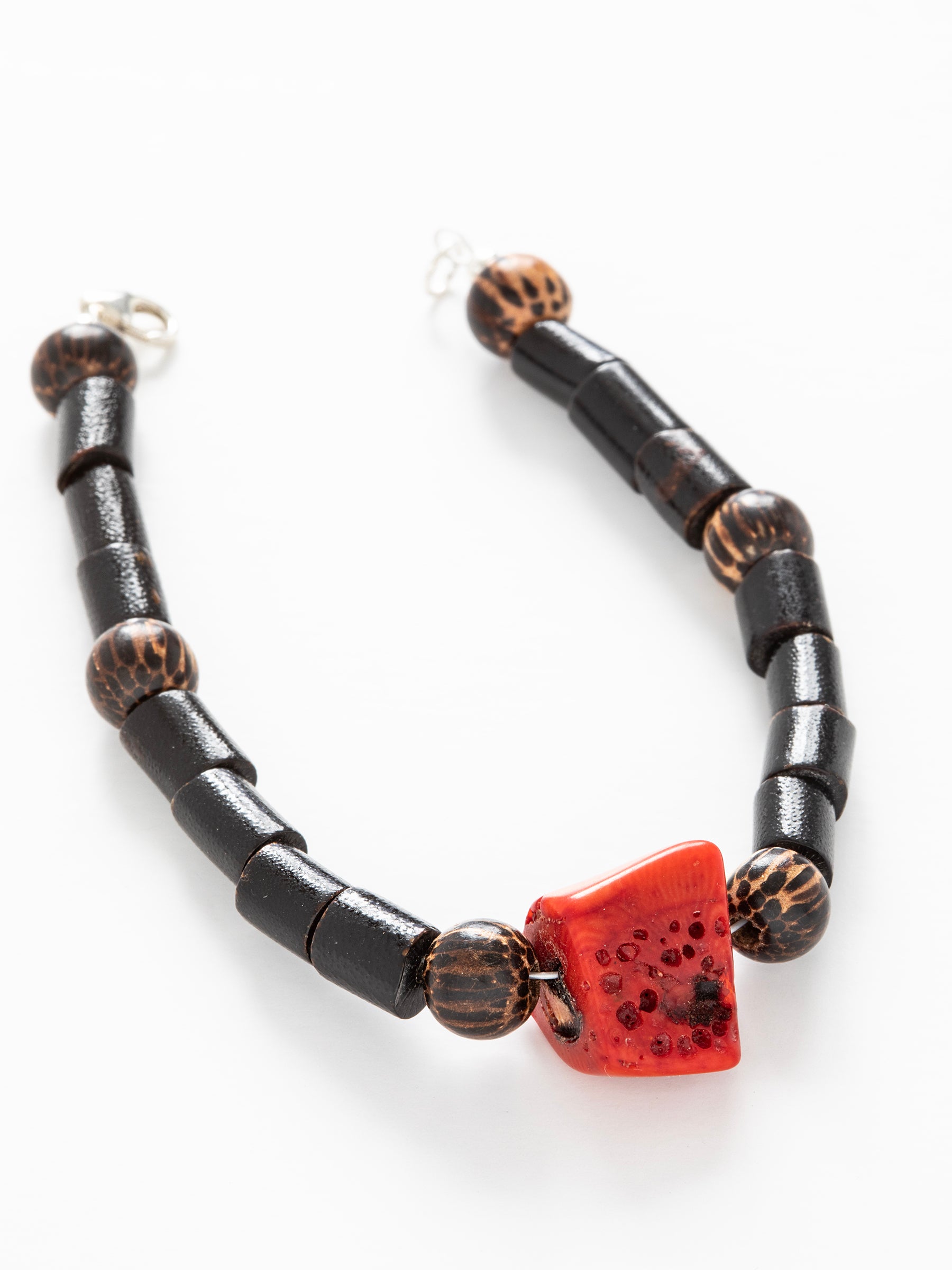 One-of-a-kind natural Red & Black Coral & Coconut Shell designer bracelet with coconut shells & sterling silver hardware, designed & handmade in California.