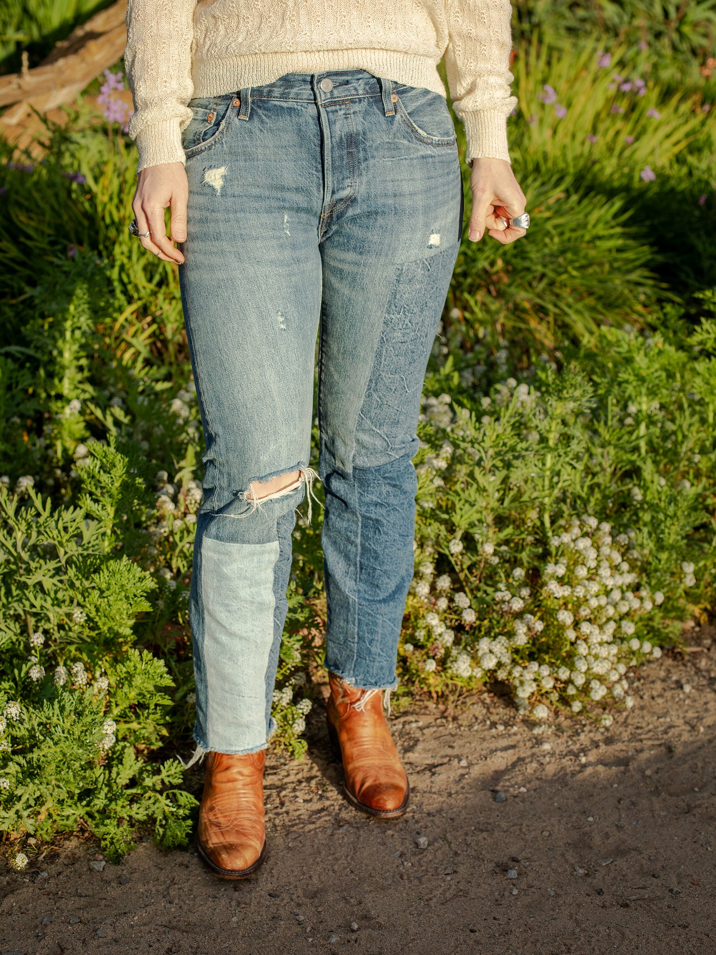 Vintage Patchwork Levi's 501 Button-Fly Jeans, Blue stonewash patchwork, 1970s-80s-90s pieces, Straight leg with slight taper... and that great 501 fit in the butt, 100% cotton, No stretch, Waist 28.5in (72.39cm), Thigh 20in (50.8cm)Inseam 27in (68.58cm), Sourced on the West Coast, USA.  