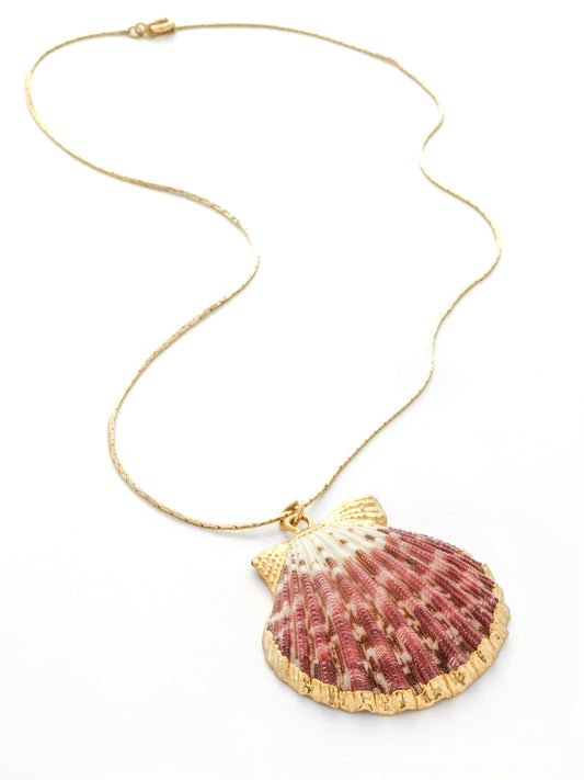 Vintage Red Scallop Shell Pendant w/ Yellow Gold Necklace (1970s-1980s), Genuine Scallop Shell, 19in chain with lobster clasp, Sourced in California.