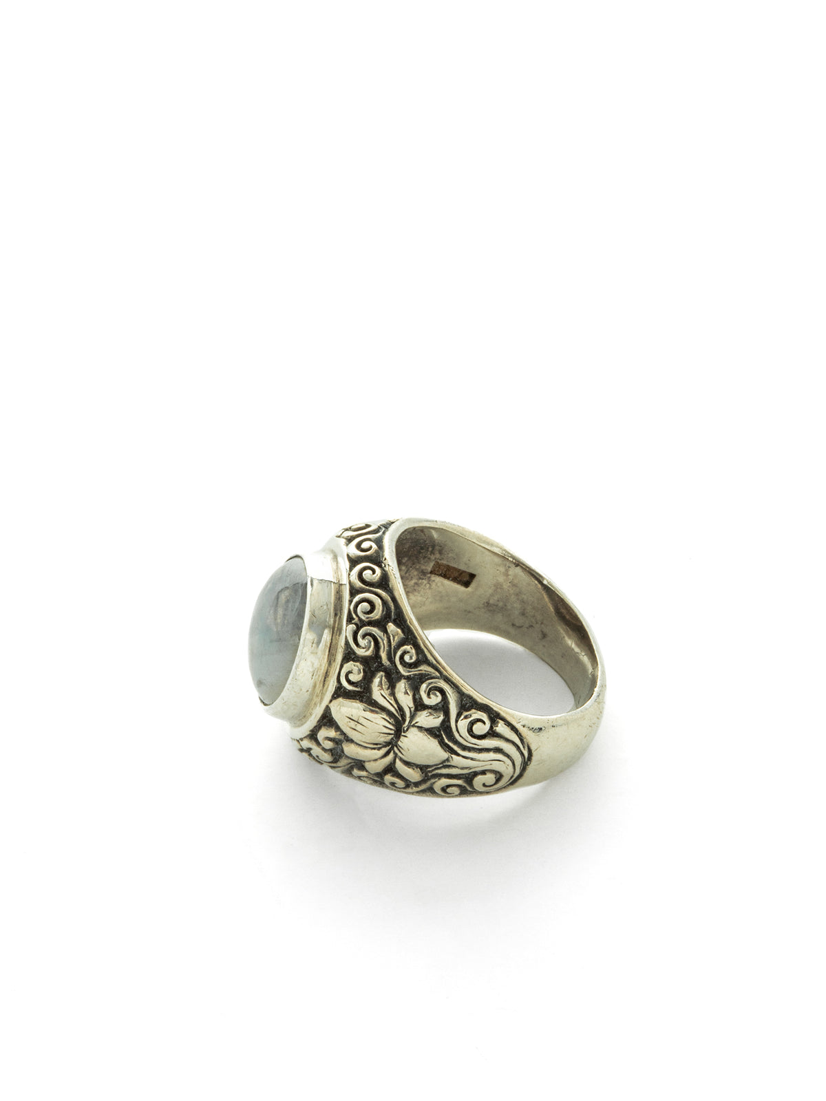 Vintage Rainbow Moonstone White Lotus Sterling Silver Signet Ring