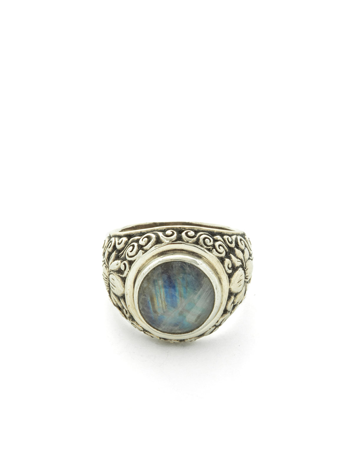 Vintage Rainbow Moonstone White Lotus Sterling Silver Signet Ring