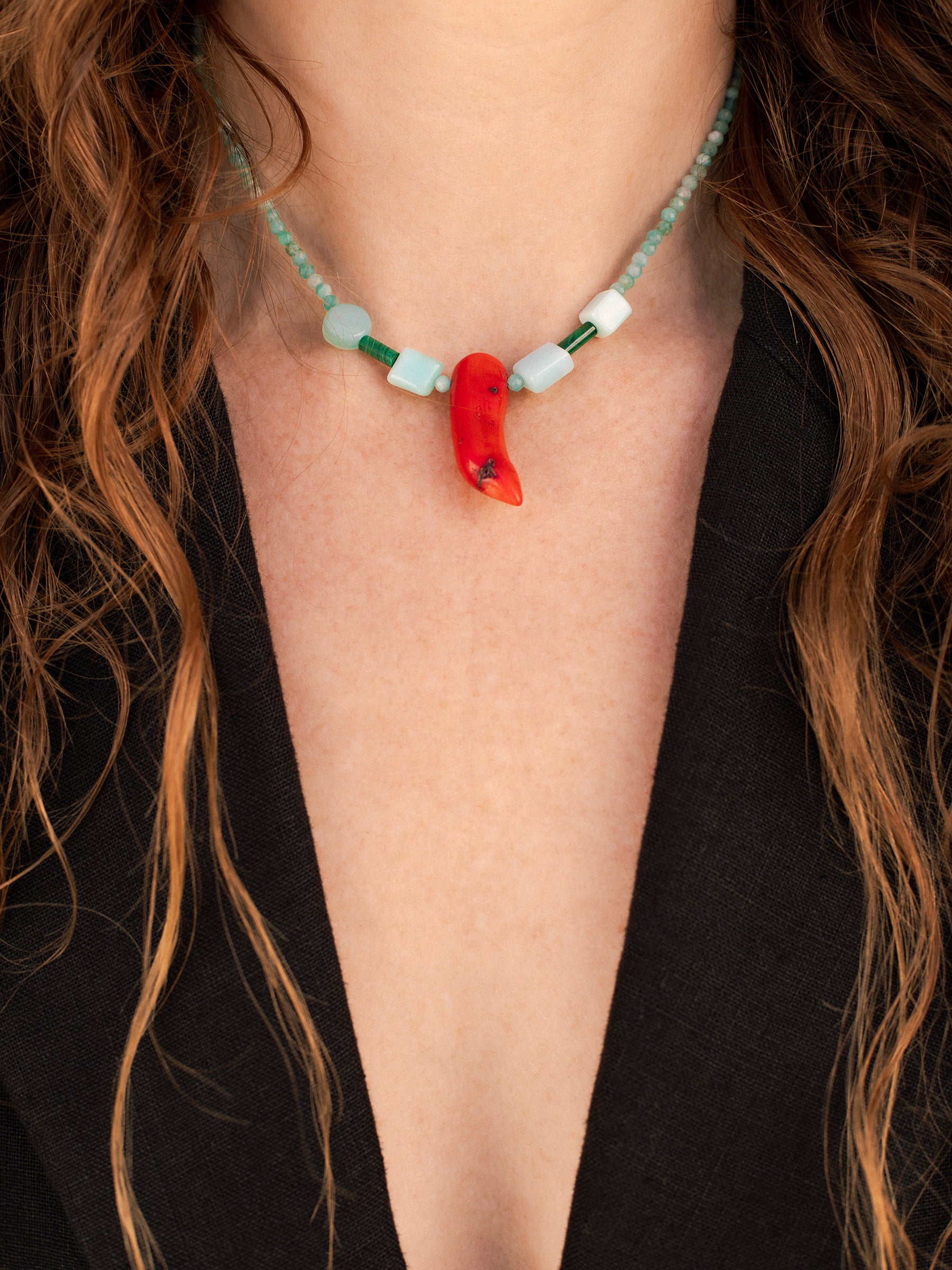 One-of-a-kind natural crystal Amazonite, Blue Opal, Malachite, & Red Coral designer bracelet with sterling silver hardware, designed & handmade in California. 