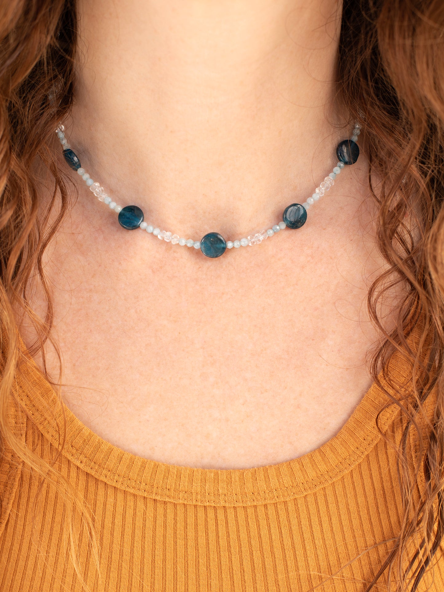 One-of-a-kind natural Apatite, Aquamarine, & Quartz crystal designer necklace with sterling silver hardware, designed & handmade in California.