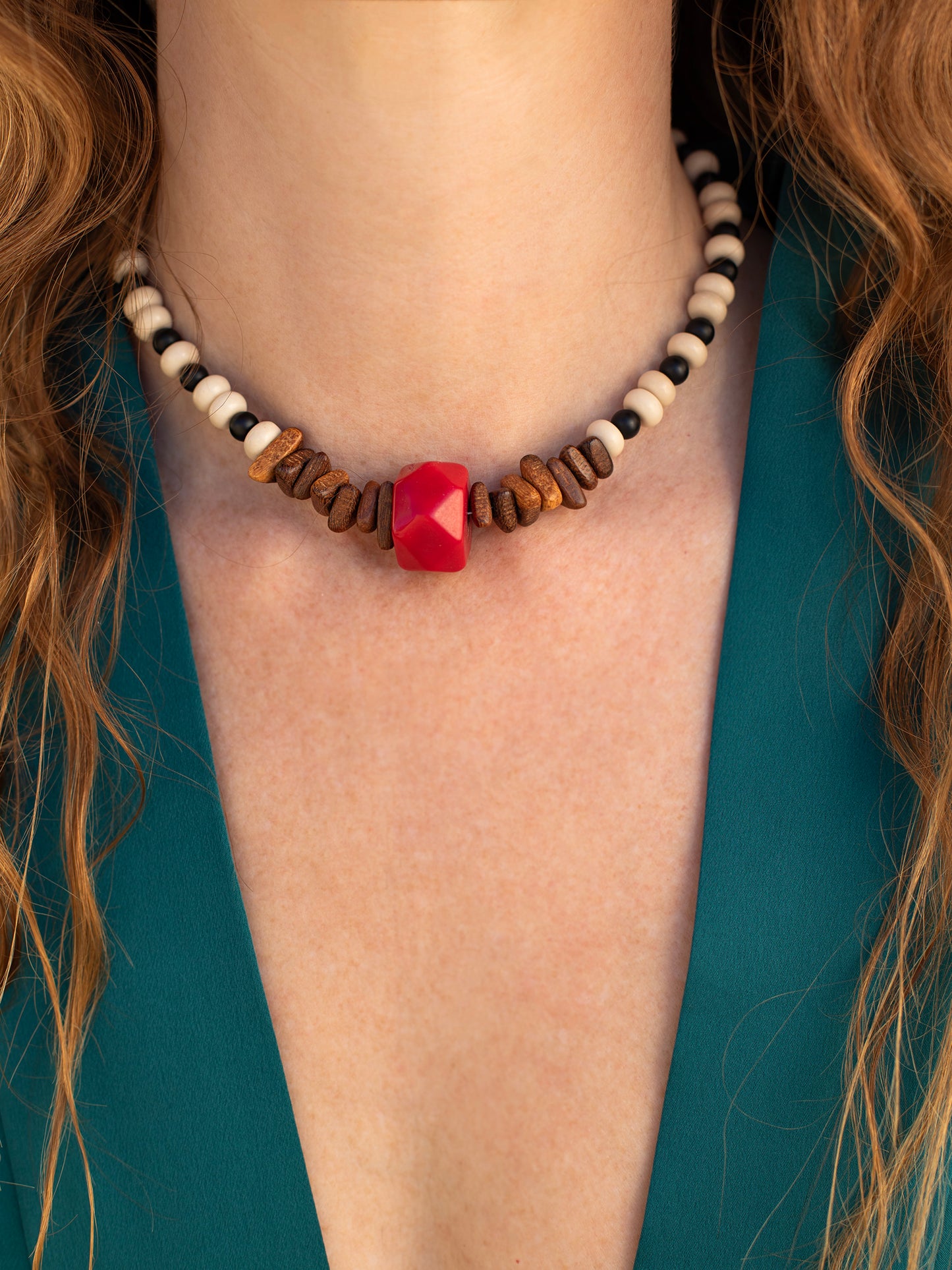 One-of-a-kind natural Howlite, Onyx, Red Coral, & Wood designer bracelet with sterling silver hardware, designed & handmade in California.