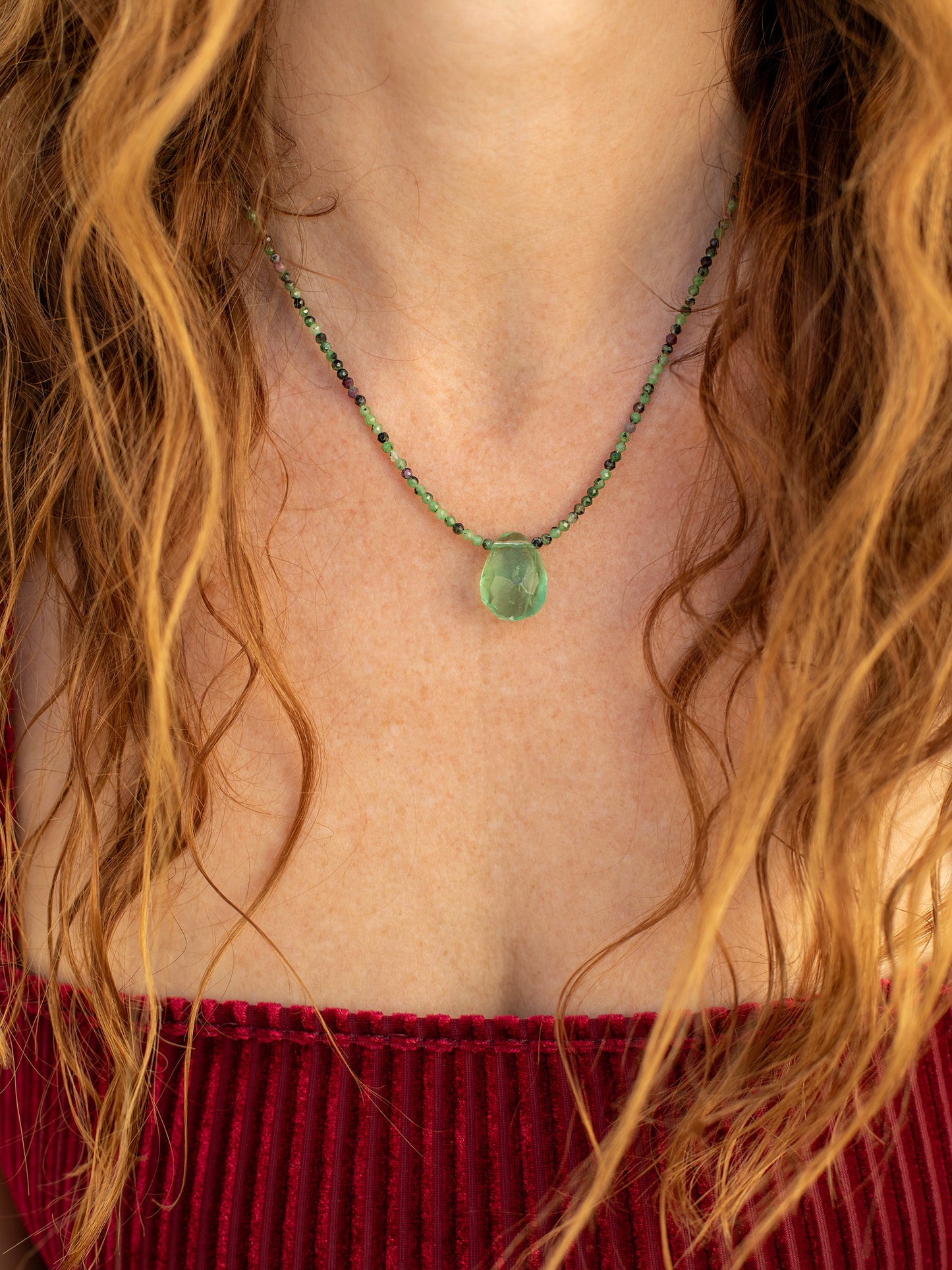 One-of-a-kind natural Green Fluorite & Ruby Zoasite crystal designer bracelet with sterling silver hardware, designed & handmade in California.