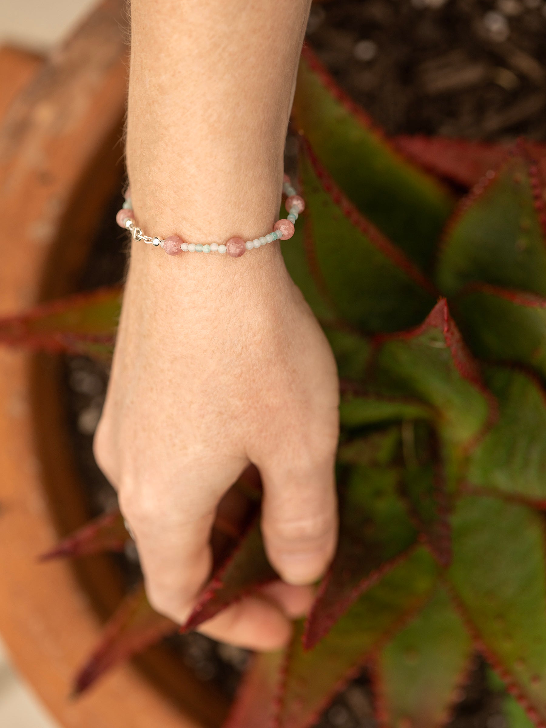 One-of-a-kind natural Amazonite & Rhodochrosite crystal designer bracelet with sterling silver hardware, designed & handmade in California.